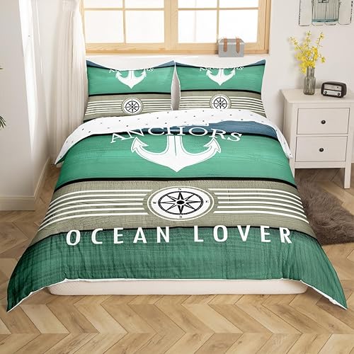Miniatura 3 de Juego de funda de edredón náutica con anclaje de barco para mujeres y niños, funda de edredón de brújula de barco, estilo vintage, turquesa, azul y