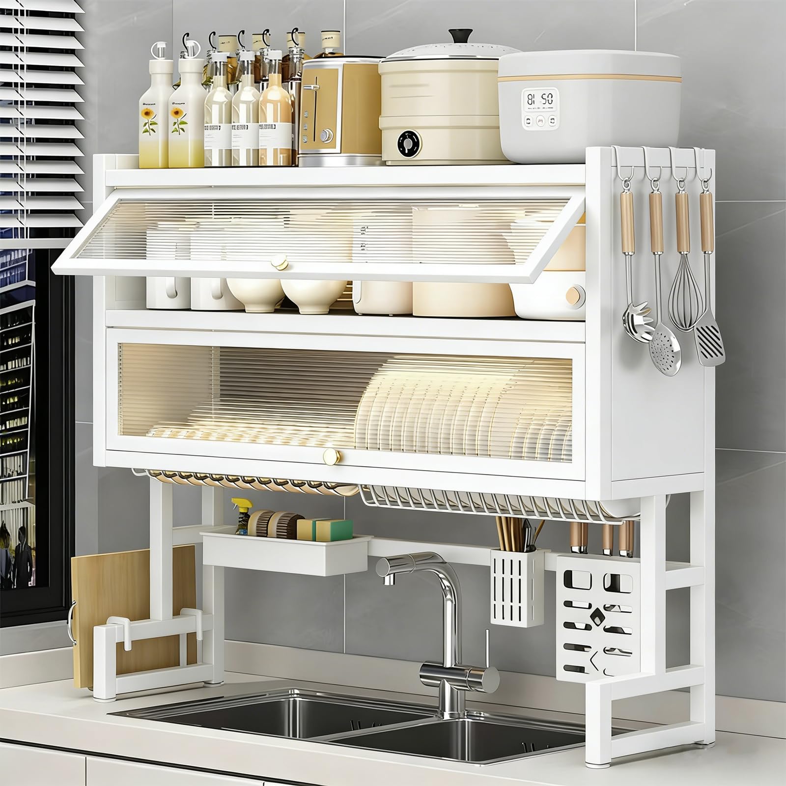 Escurridor de platos sobre el fregadero, de acero resistente, con acabado recubierto de polvo, se adapta a la mayoría de fregaderos, sostiene platos, vasos, cuencos y utensilios (blanco, 25.6 pulgadas