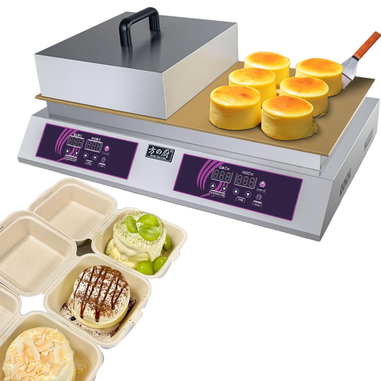 RETRIN 1300W/2600W Electric Souffle Machine,Thickened 8mm Nonstick Baking Pan,Uniform Heat Distribution Fluffy Japanese Pancake Dorayaki Maker for Commercial Bakery Snack Bar Doublehead