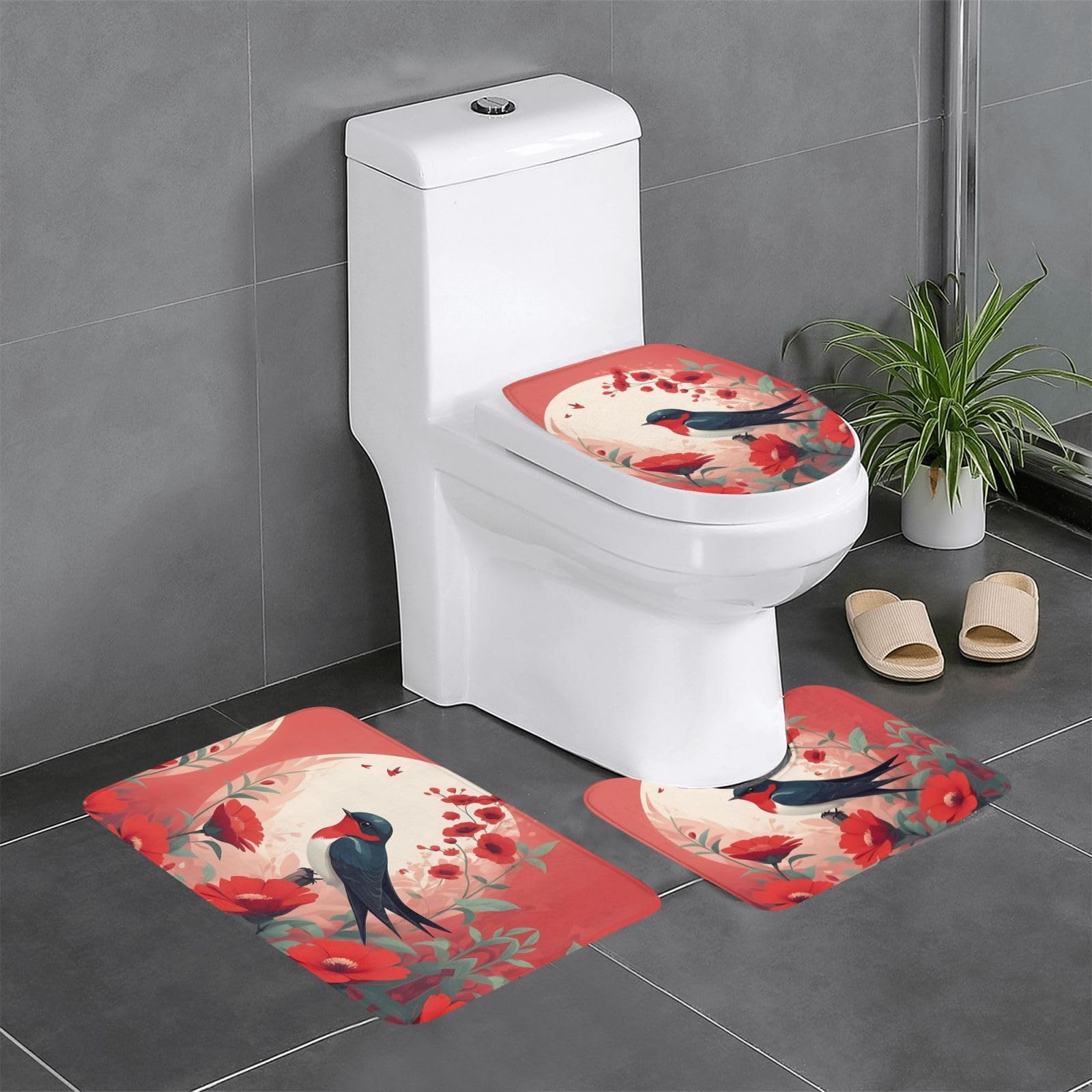Tapis de salle de bain antidérapants pour toilettes et meuble-lavabo motif floral