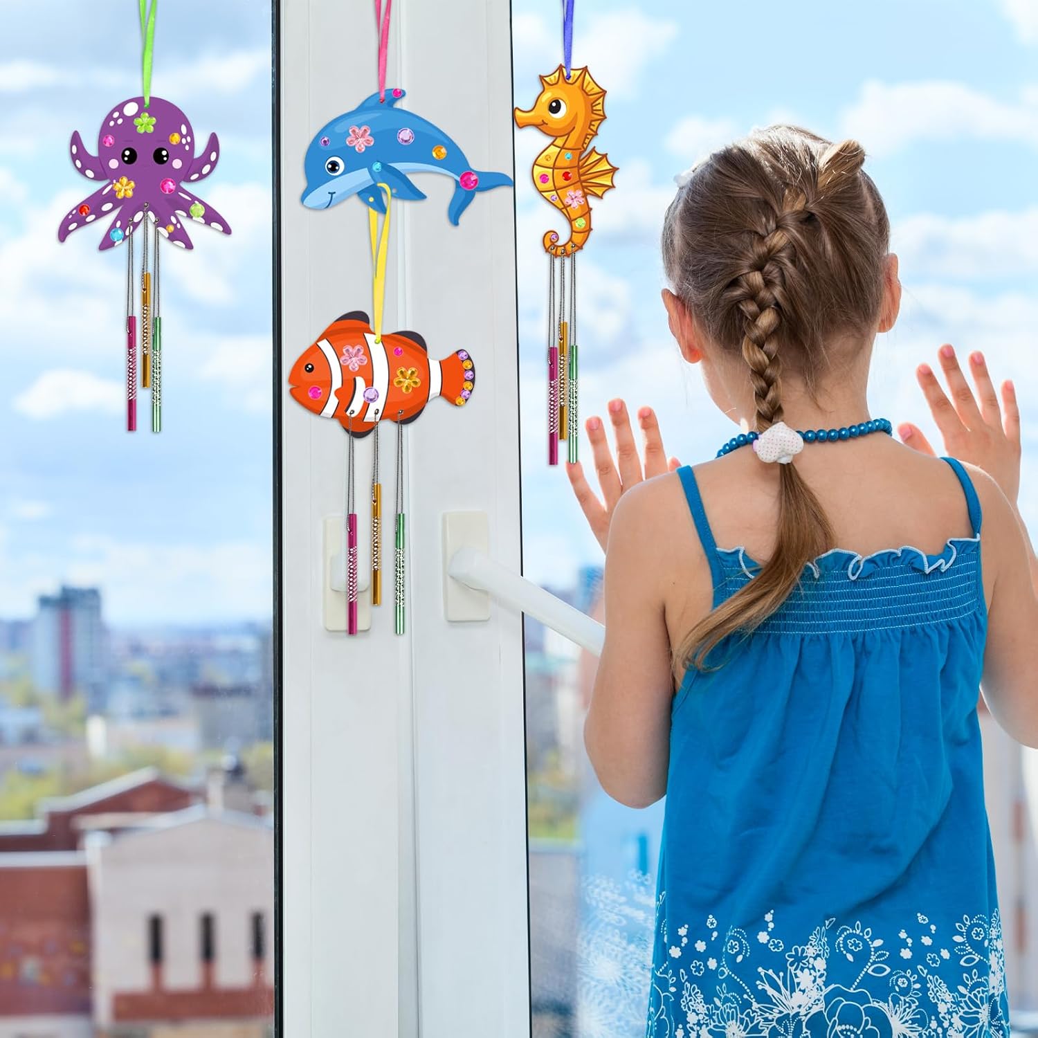 Fennoral 36 Pack Wind Chime Craft Kit for Kids Make You Own Ocean Animals Craft for Girls Boys Ornaments DIY Coloring Wooden Sea Animals for Art Activity Birthday Summer Decoration