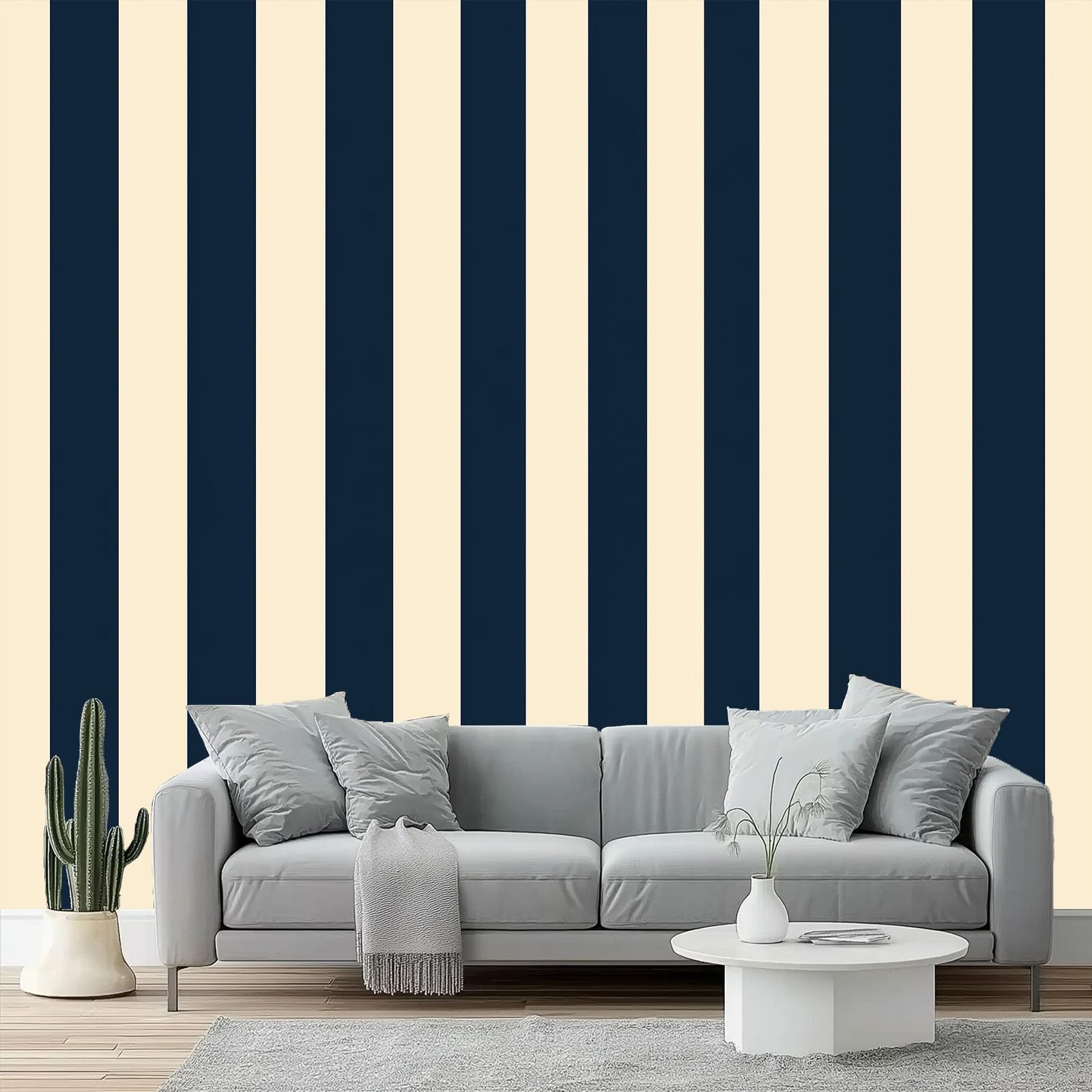Genérico Papel Pintado Autoadhesivo Vinilo Adhesivo Muebles Diseño Moderno Azul Marino Con Rayas Beige para Decoración de Paredes en Baño, Sala de Estar, Dormitorio, y Muebles de Cocina 350 x 256 cm