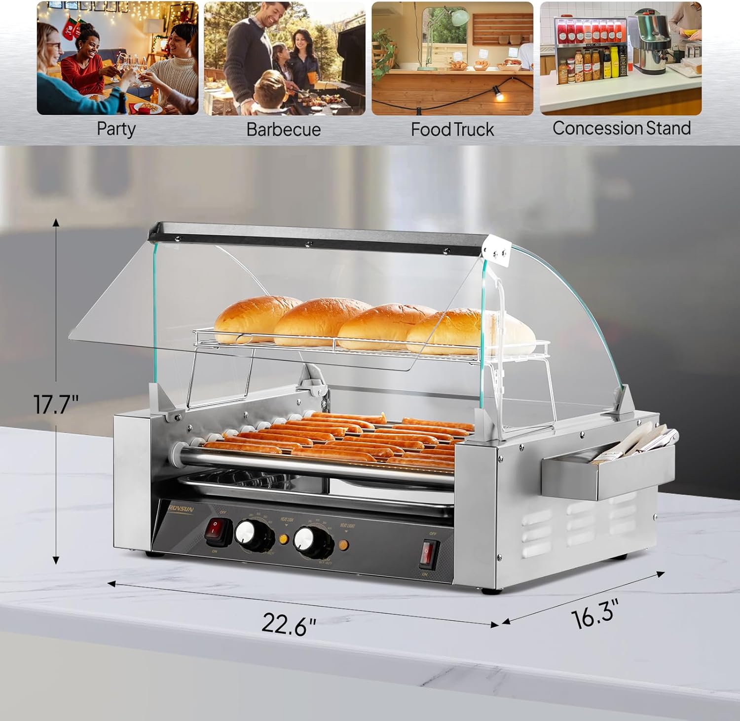 24 Hot Dog 9 Roller 1350W, Hot Dog Roller Grill Cooker Machine w/LED Lighting, Dual Temp Control, Cover, Removable Shelf & Drip Tray for Home Party Commercial ETL Certified