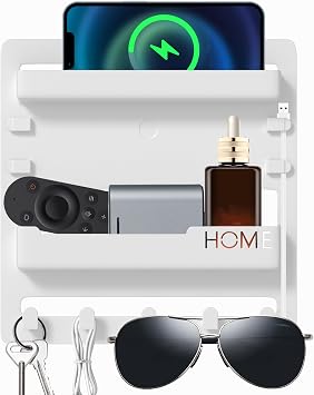 Bedside Wall Mount Organizer,Bedside Wall Shelf Accessories Floating Shelves Stick On for Bedroom Storage Organization,Aesthetic Room Dorm Decor,5 Hooks-White