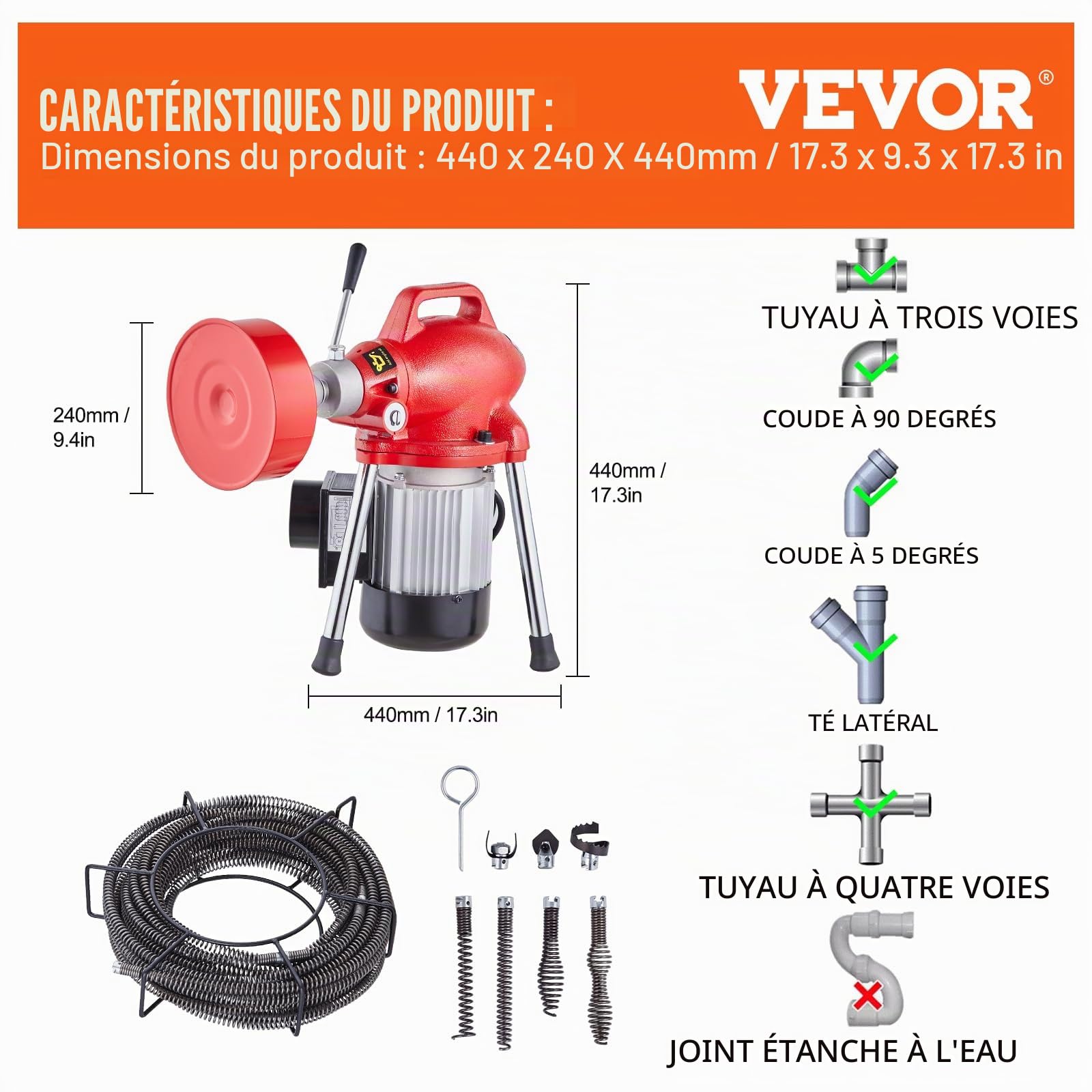 VEVOR Déboucheur Électrique Canalisation 20 m x 16 mm Machine Nettoyage Tuyaux Alimentation Manuelle 250 W 7 Coupeurs, 2 Câbles Acier 20 m x 16 mm/4,6 m x 9,5 mm, Contrôle CW/CCW pour Tuyaux 4-10 cm