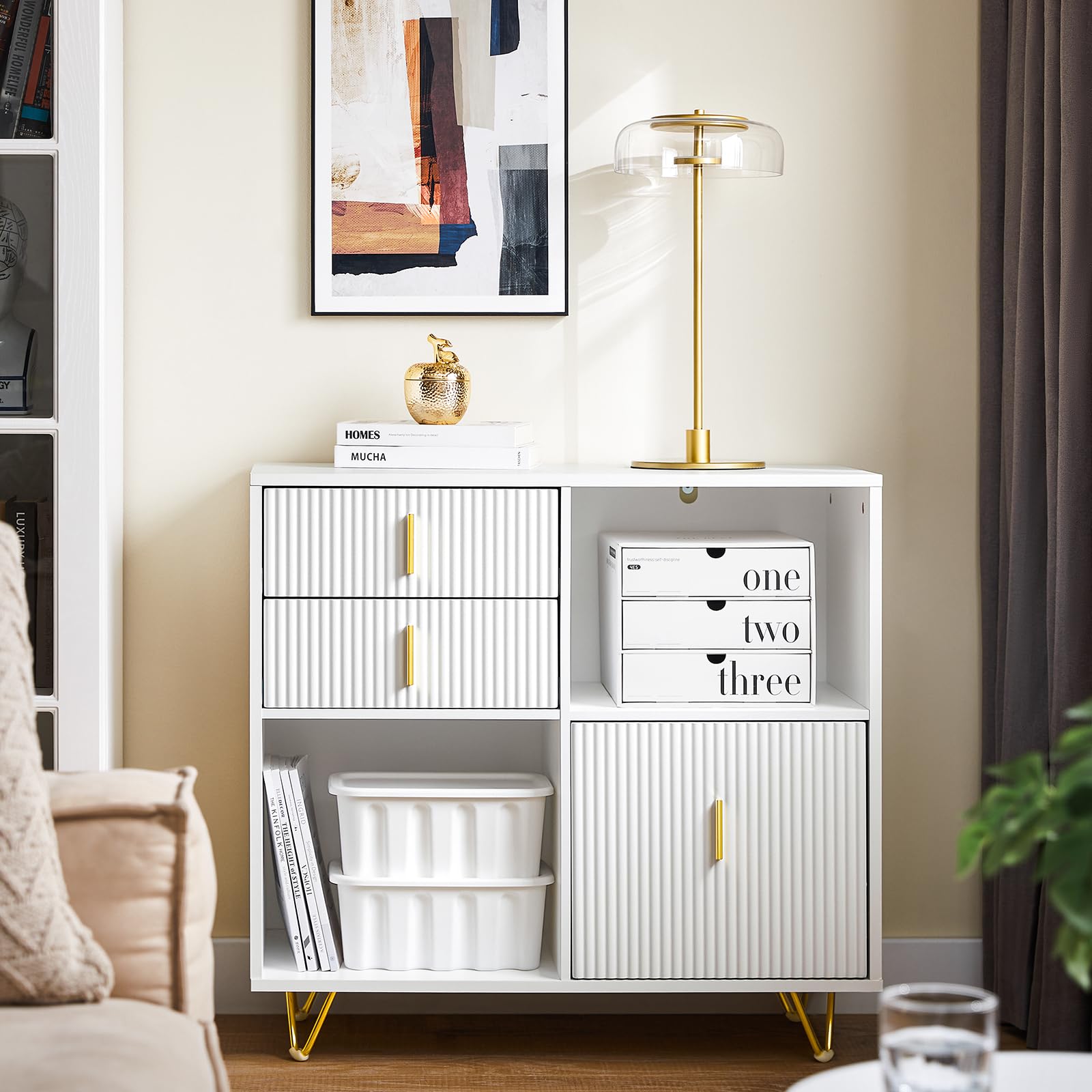 SoBuy Meuble Imprimante et Rangement Bureau Caisson de Bureau avec 3 Tiroirs et 2 Compartiments Ouverts Meuble pour Imprimante Compact Blanc 80x40x75 cm ASK11-W