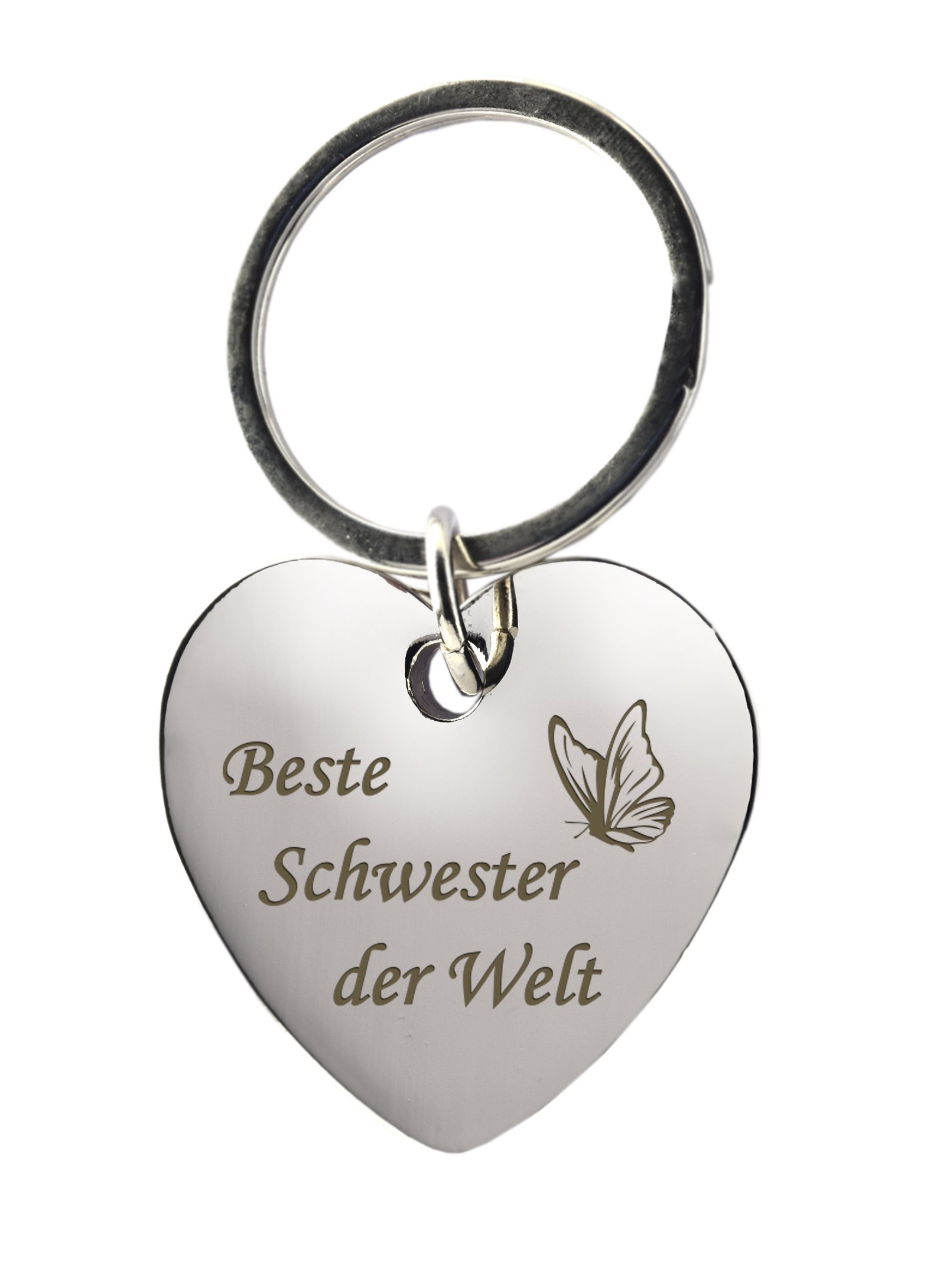 geschenke-fabrik.de Beste Schwester keyring made of metal, in heart shape with engraving, with "Beste Schwester der Welt" as engraved lettering