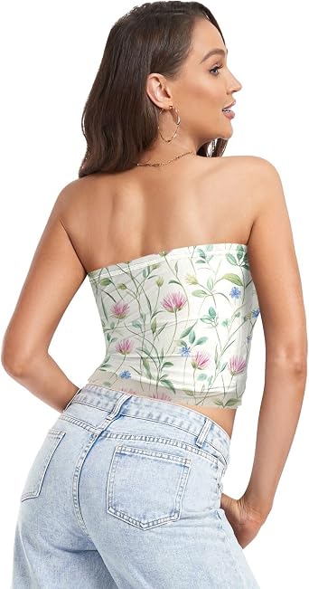 Yuiboo Tube Top Summer Pastel Wildflower Meadow Print Non Slip Cleavage Cover Up Party Sexy