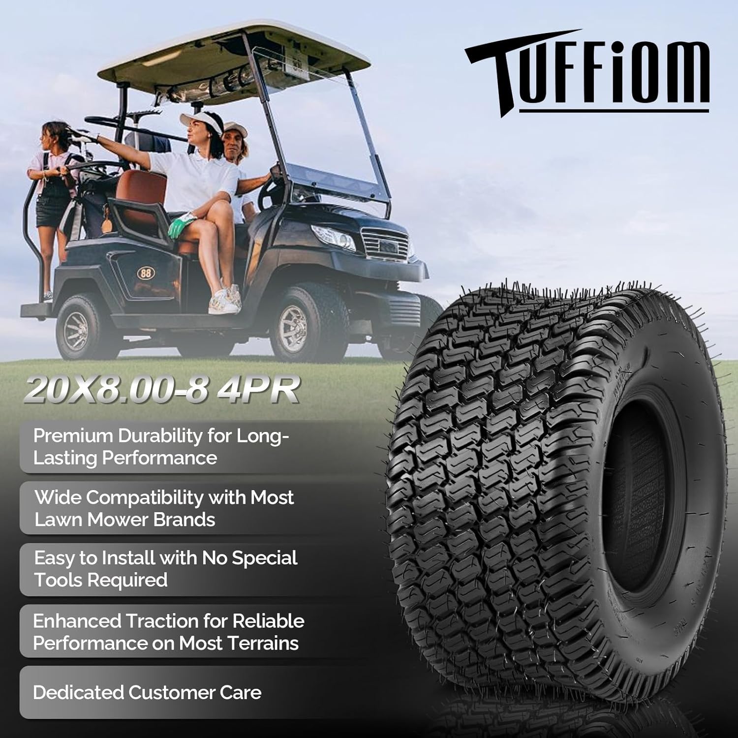 TUFFIOM 20x8.00-8 Lawn Mower Tires Set of 2, 4PR Turf Tire Lawn & Garden Tires, Compatible With Most Lawn & Garden Utility Vehicles, Tubeless