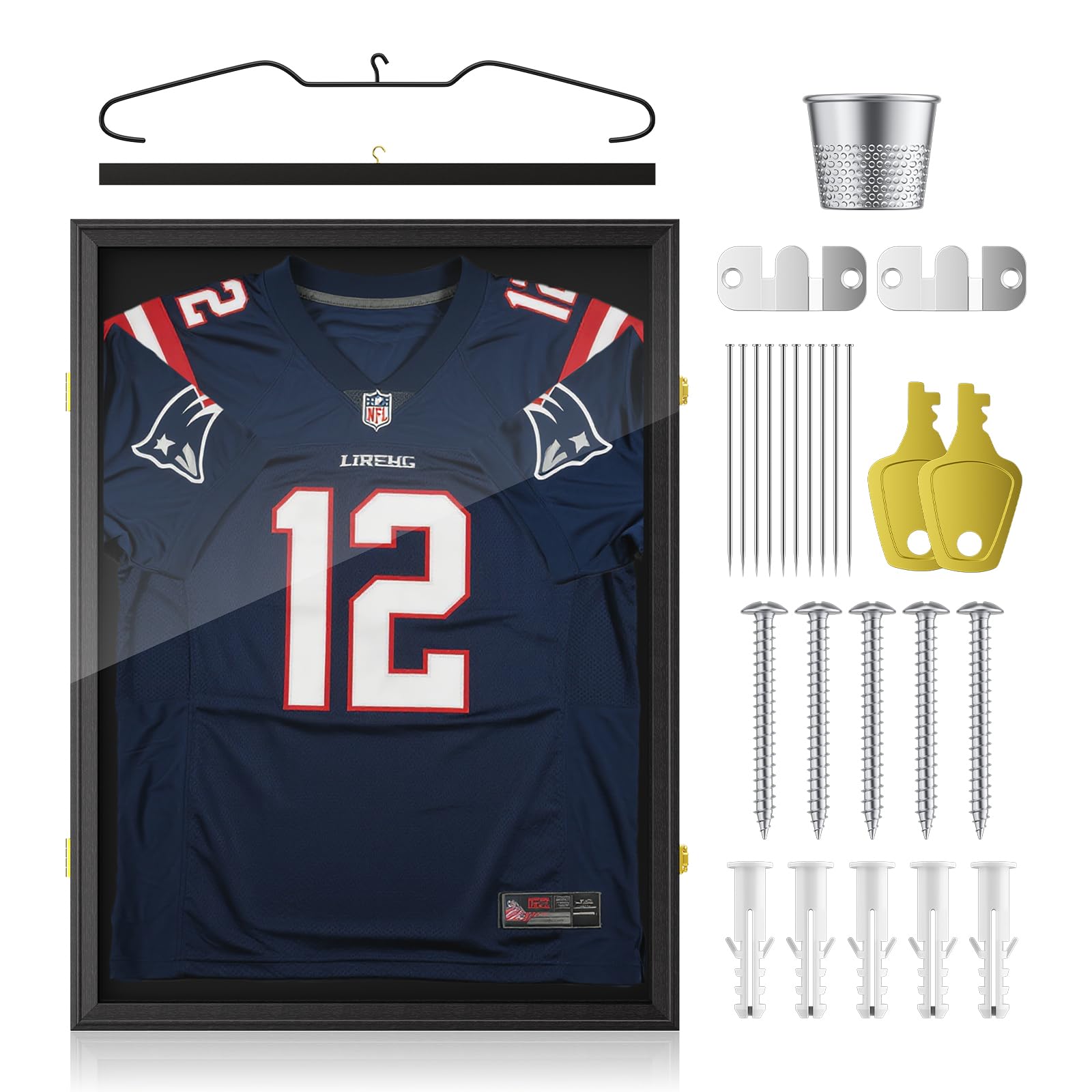 Trikotrahmen Fußball 70x90cm, Trikot Bilderrahmen, Schwarzer Bilderrahmen für Trikot mit Acrylglas und Sicherheitsschloss, zum Aufhängen, for XL Eishockey Fußball Basketball T Shirt