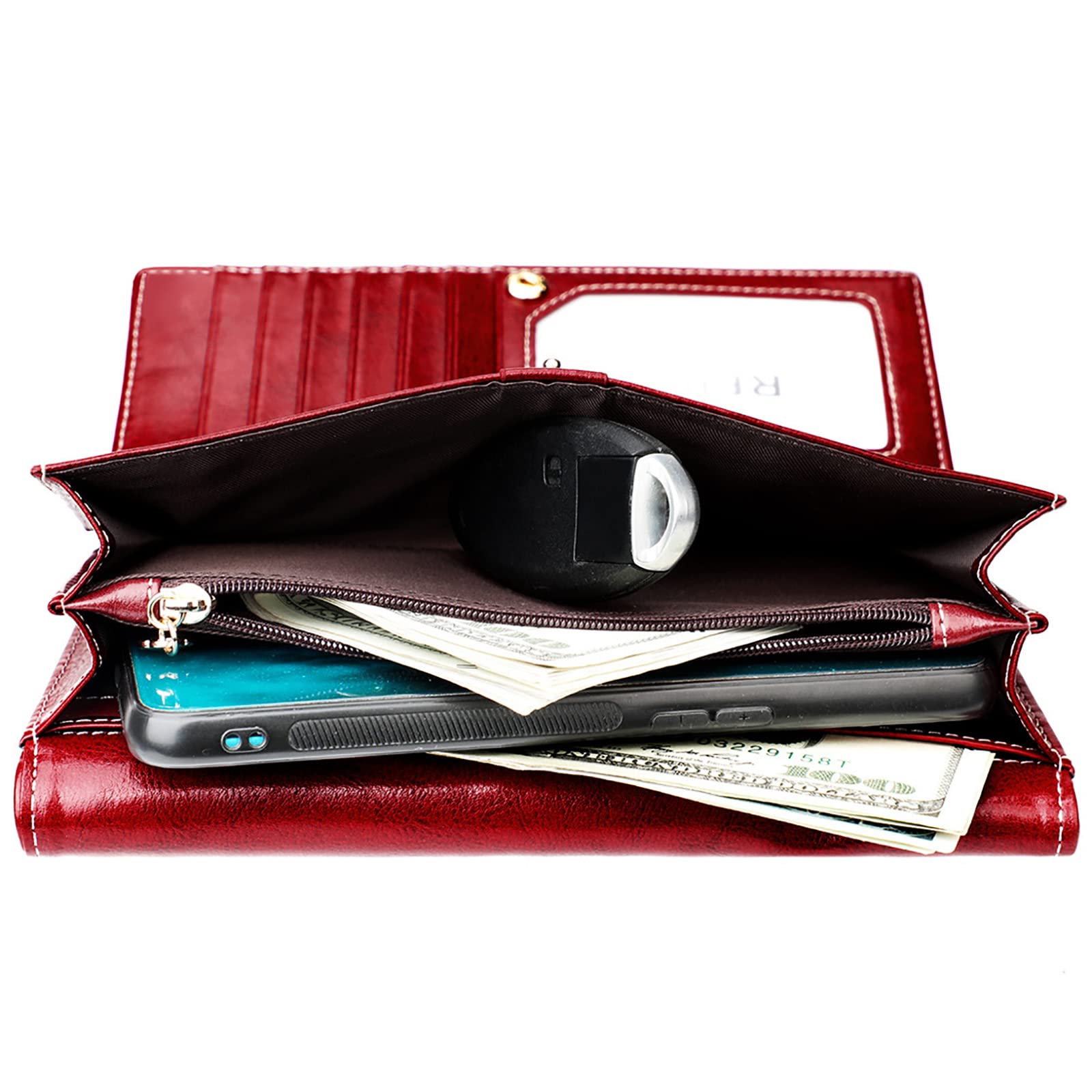 Portefeuille Femme Cuir Véritable RFID - Porte-Cartes Multi Poches Avec Porte Monnaie Zippé - Protection Anti-Vol
