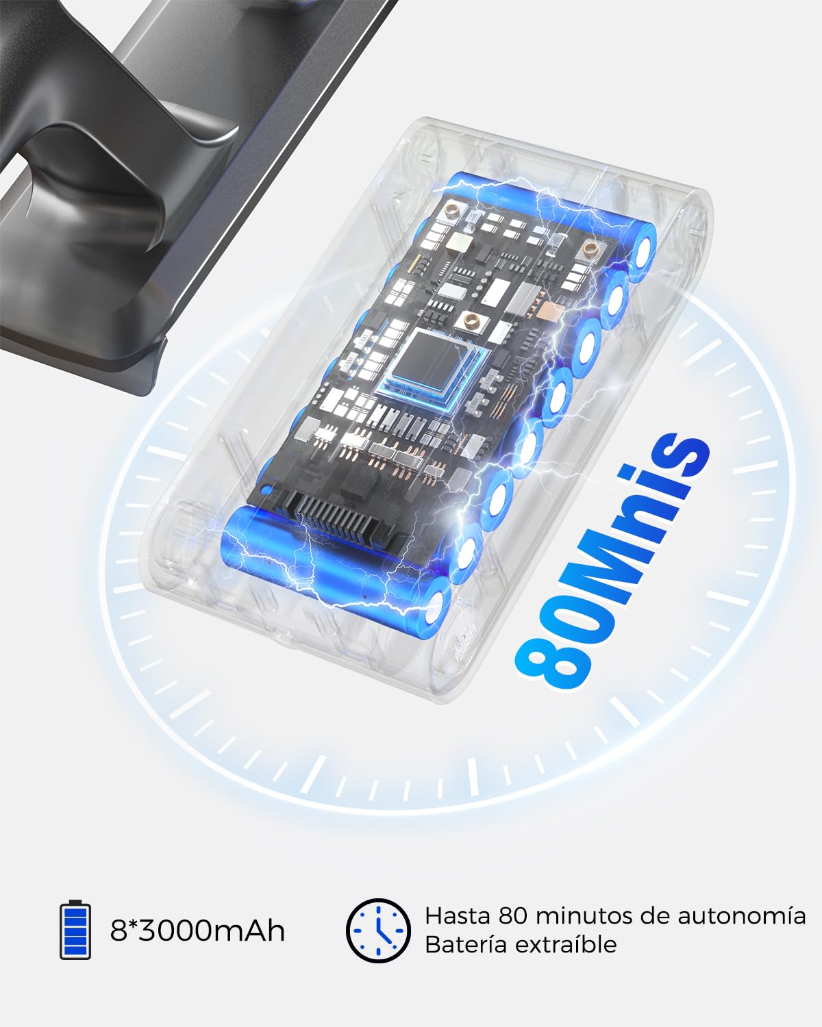 aonus Aspiradora sin Cable 60KPa/650W/80Min, Aspirador Escoba Potente | Vacuum Cleaner | Anti-Enredos | 8x3000mAh Batería | Autoportante | Luz LED Verde | para Pelo de Mascotas Alfombra Suelo Duro
