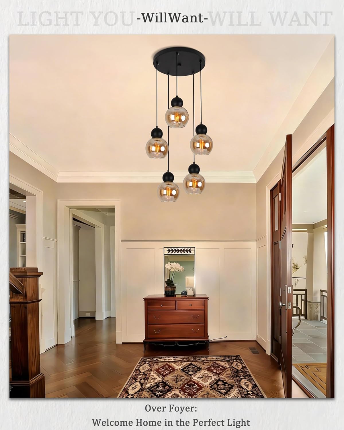 5-Light Chandelier Cluster Pendant Lights, Mid Century Modern Chandelier with Amber Glass Shade, Adjustable Hanging Cord Ceiling Light for Living Dining Room Foyer