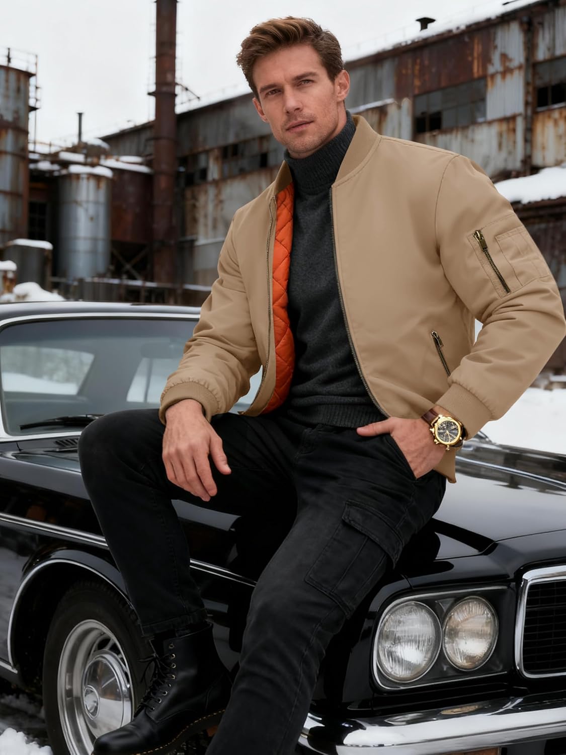 KEFITEVD Bomber Jacket Men Winter Coats Full Zip Windbreaker Mens Jackets Casual Work Coats - Image 2