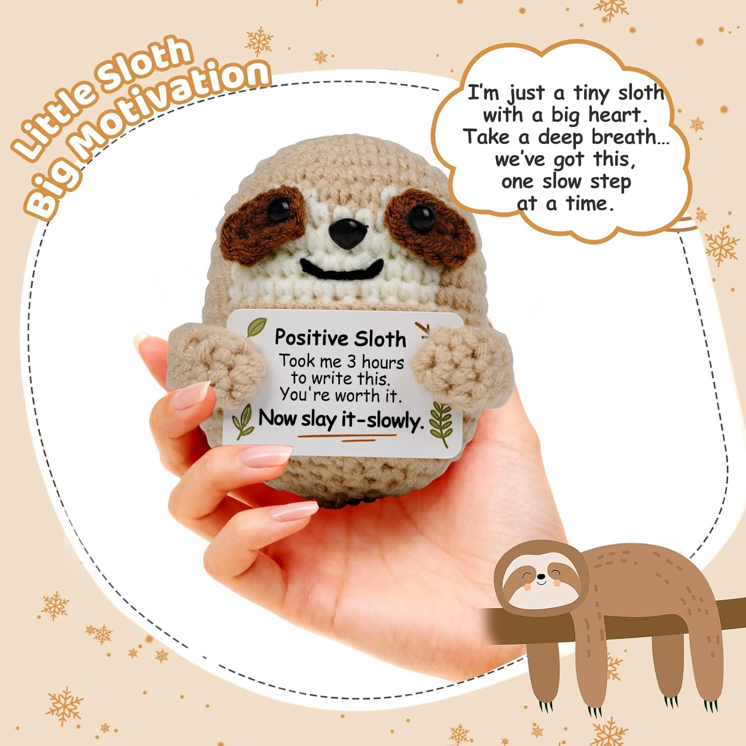 Positive Sloth Christmas Birthday Gifts for Women Men, Handmade Crochet Animals with Positive Message, Inspirational Emotional Home Decor Gift for Mom Dad Son Sister Friend Coworker Colleague - Image 2