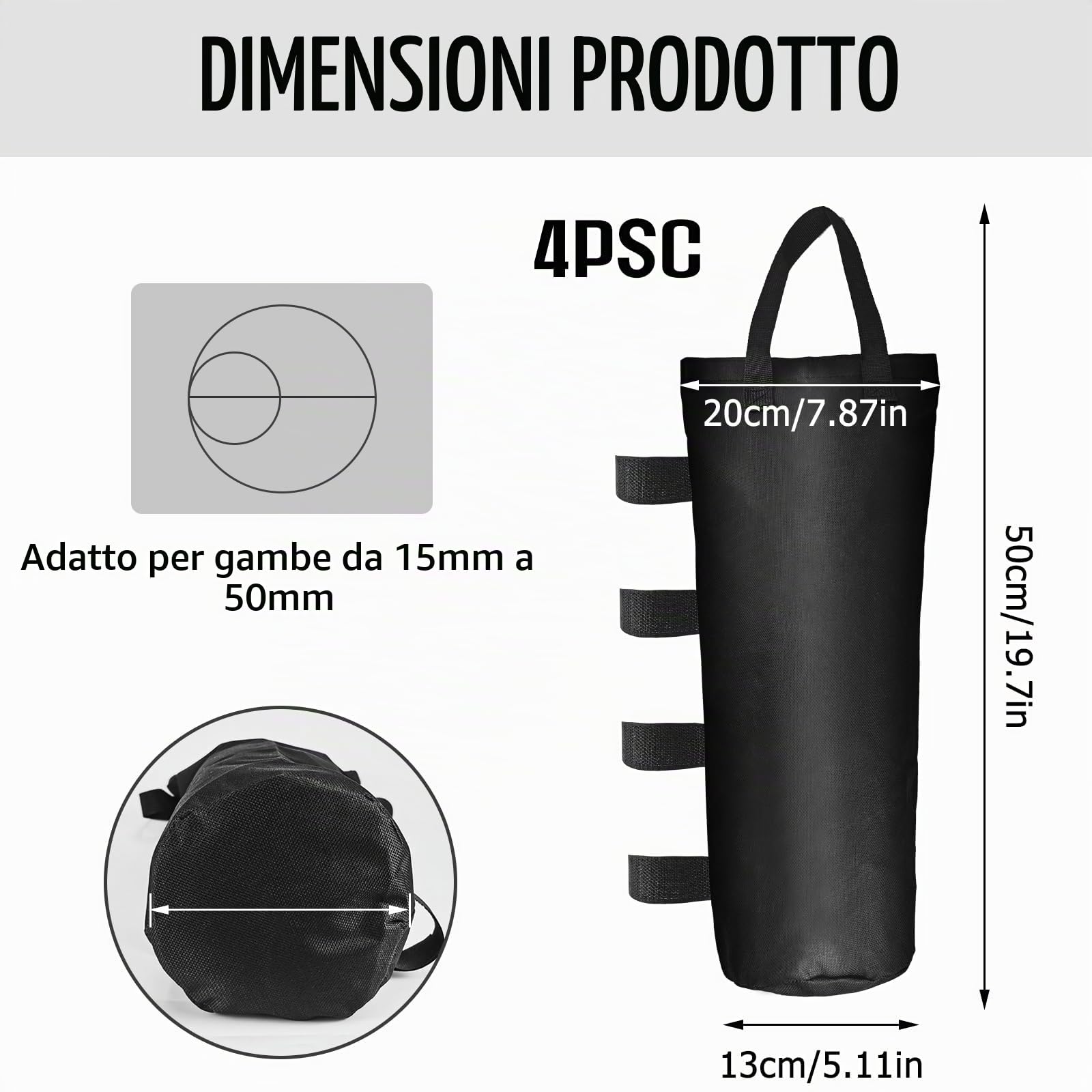4 Pesi Per Gazebo In Tessuto Oxford – Zavorre Riutilizzabili Da 50x20 Cm, Con Maniglia E Chiusura Velcro, Per Tende, Ombrelloni E Attrezzatura Outdoor - 4
