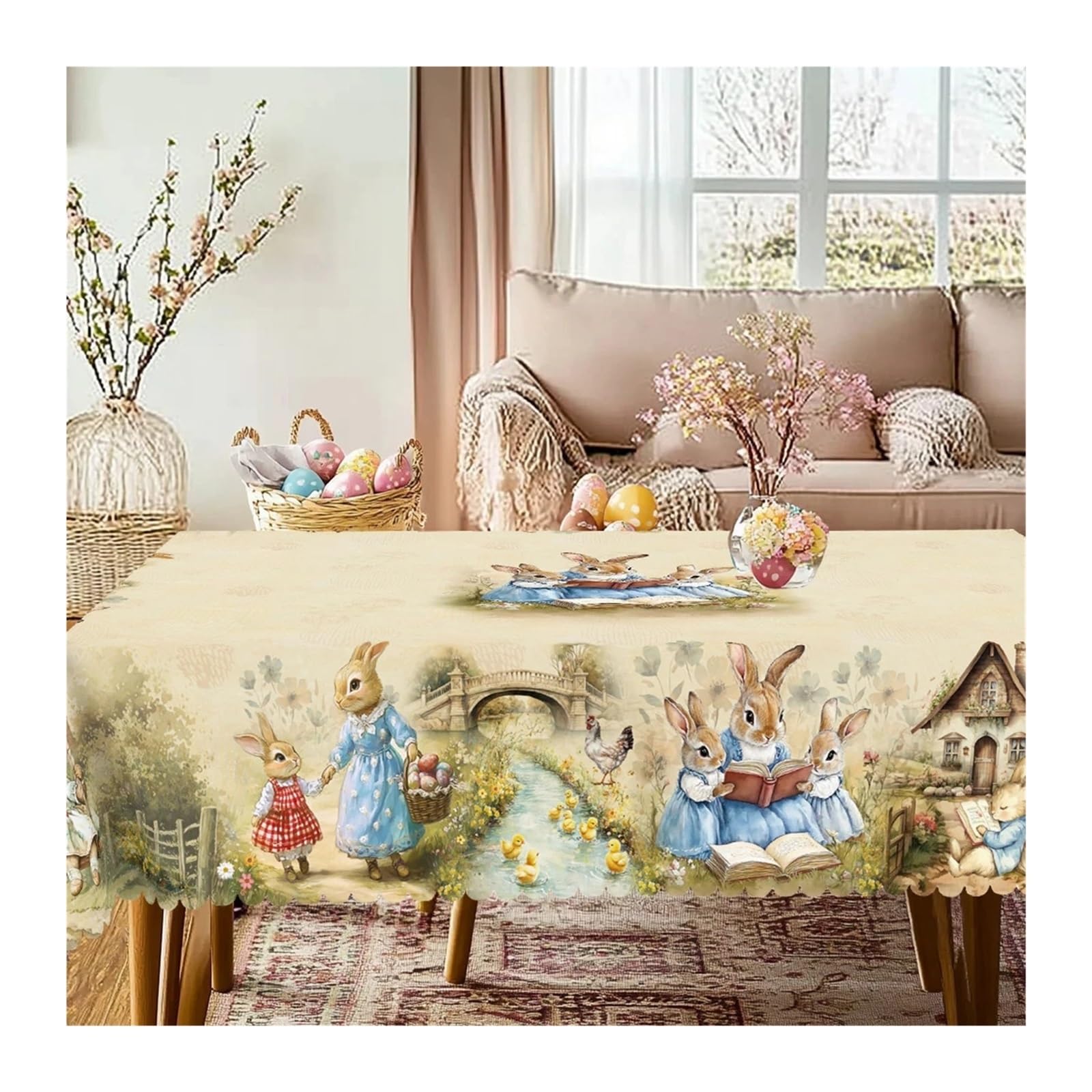 Mantel Redondo De Pascua, 5 Tamaños Disponibles, Proceso Estampado Borde Cuadrado con Flores Huevo Conejito Retro, 1 Ud