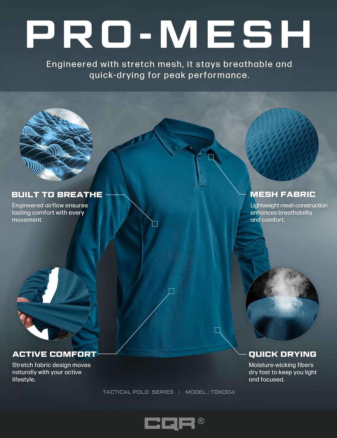 CQR Men's Polo Shirt, Long Sleeve Tactical Shirts, Outdoor UPF 50+ Pique Shirt, Dry Fit Lightweight Golf Shirts - Image 5