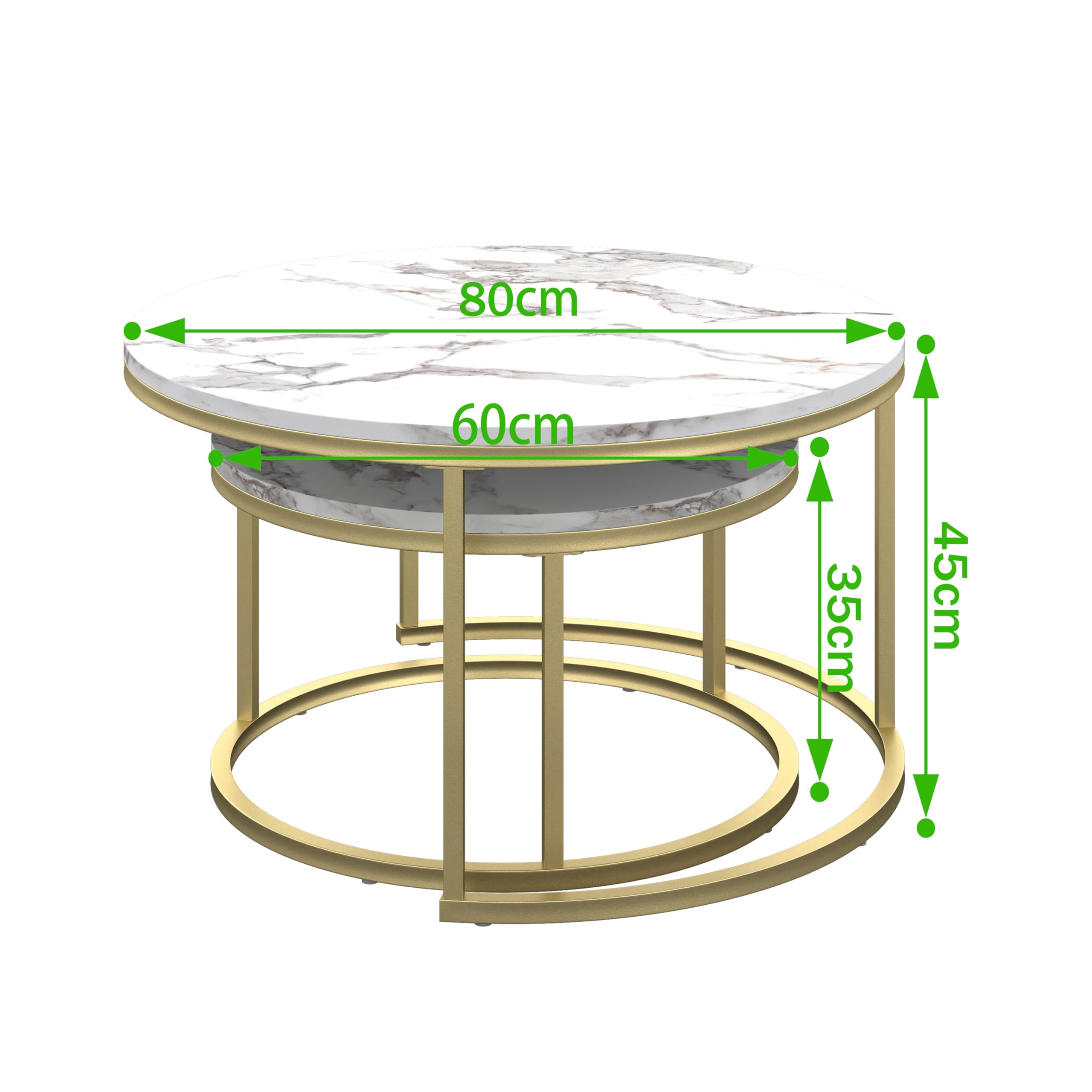 hitsuki Juego de 2 Mesas de Café de Mármol, 80 cm Mesa de Salón Moderna Blanca de Estructura de Metal, Mesas Nido de Salón Redondas Dorado y Blanca, 80D x 80W x 45H cm