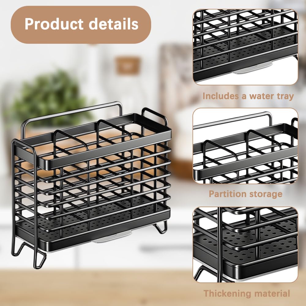 Jadin Porta Mestoli da Cucina, Poggia Mestolo Cucina, Porta Utensili da Cucina, Cestello Posate in Acciaio Inox con Scolapiatti, 3 Scomparti, Senza Fori, Fissaggio a Parete/ Tavolo, Rimovibile, Nero