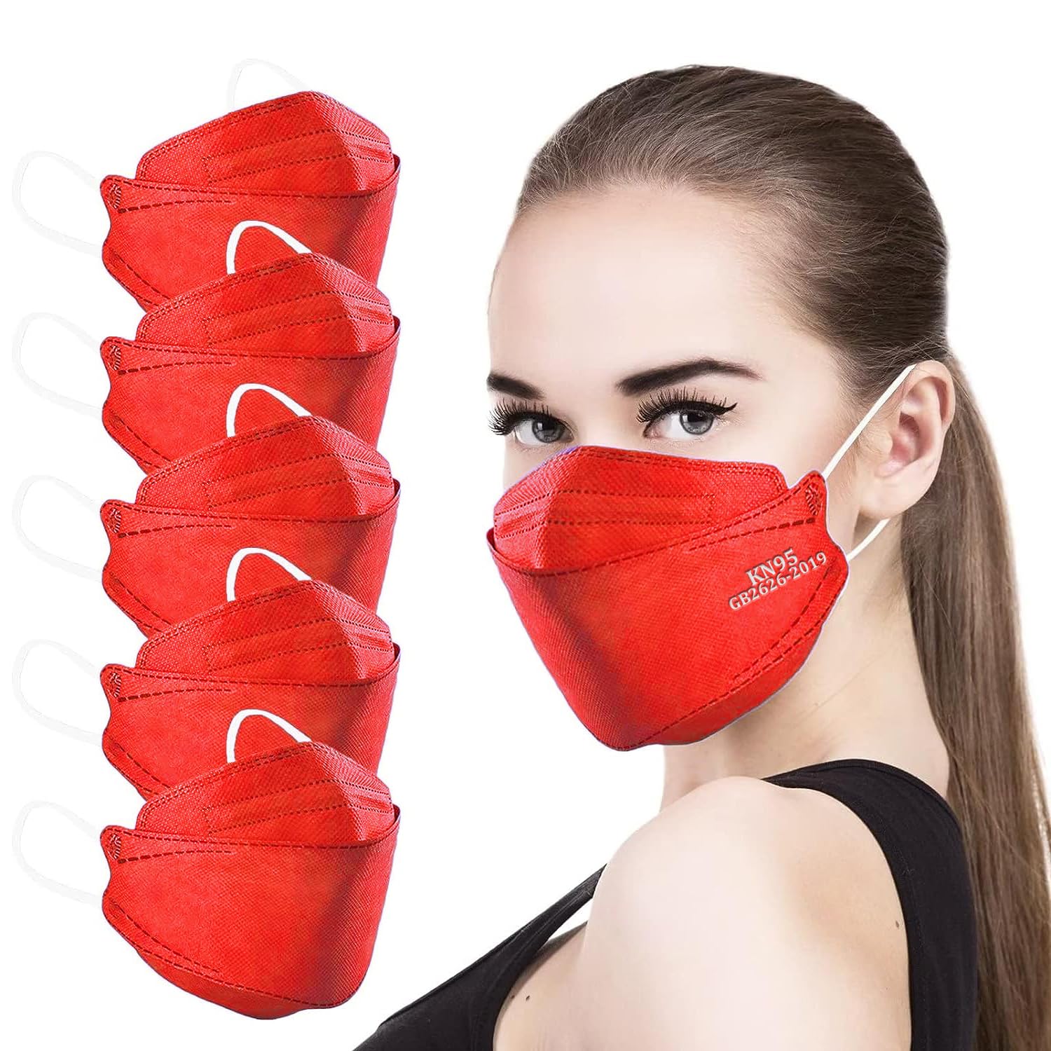akgk KN95 Face Masks 50 Pack, 5-Ply Disposable Red Face Mask Against PM 2.5 Smoke & Dust, Filtration Efficiency 95%