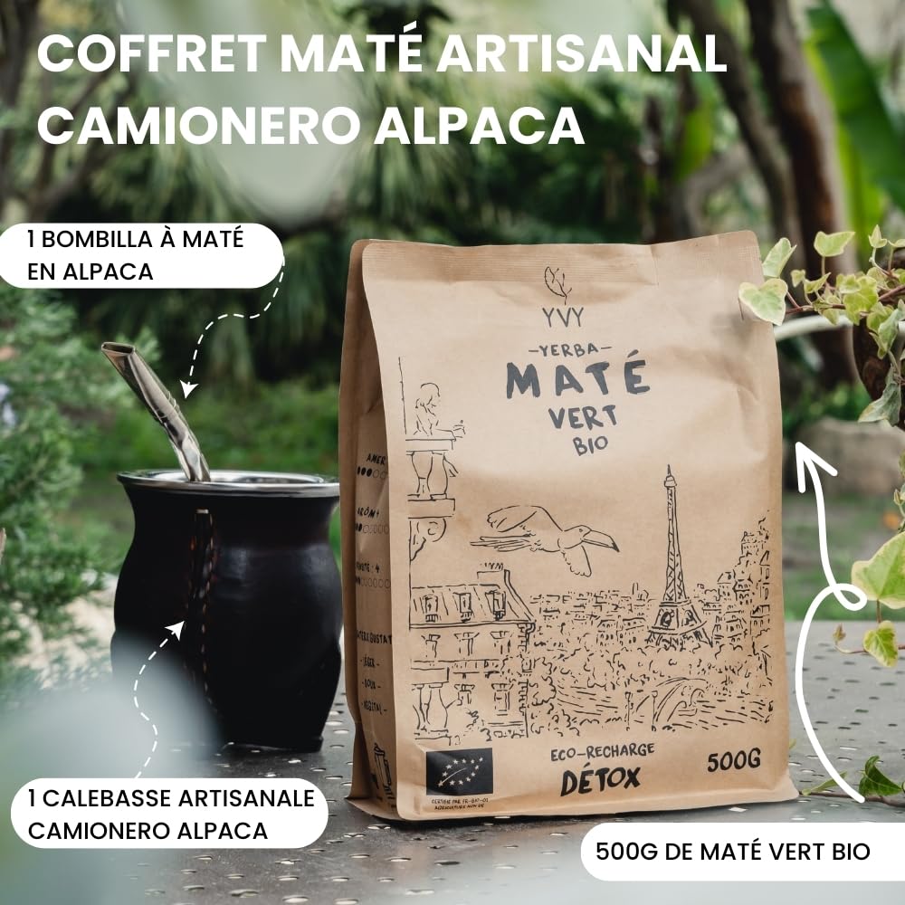 YVY Mate Set Mate Camionero Alpaca | Set Calebasse Camionero Alpaca, Bombilla Alpaca und 500 g Bio-Grünmatte | Set für Mate-Liebhaber | handgefertigt in Uruguay