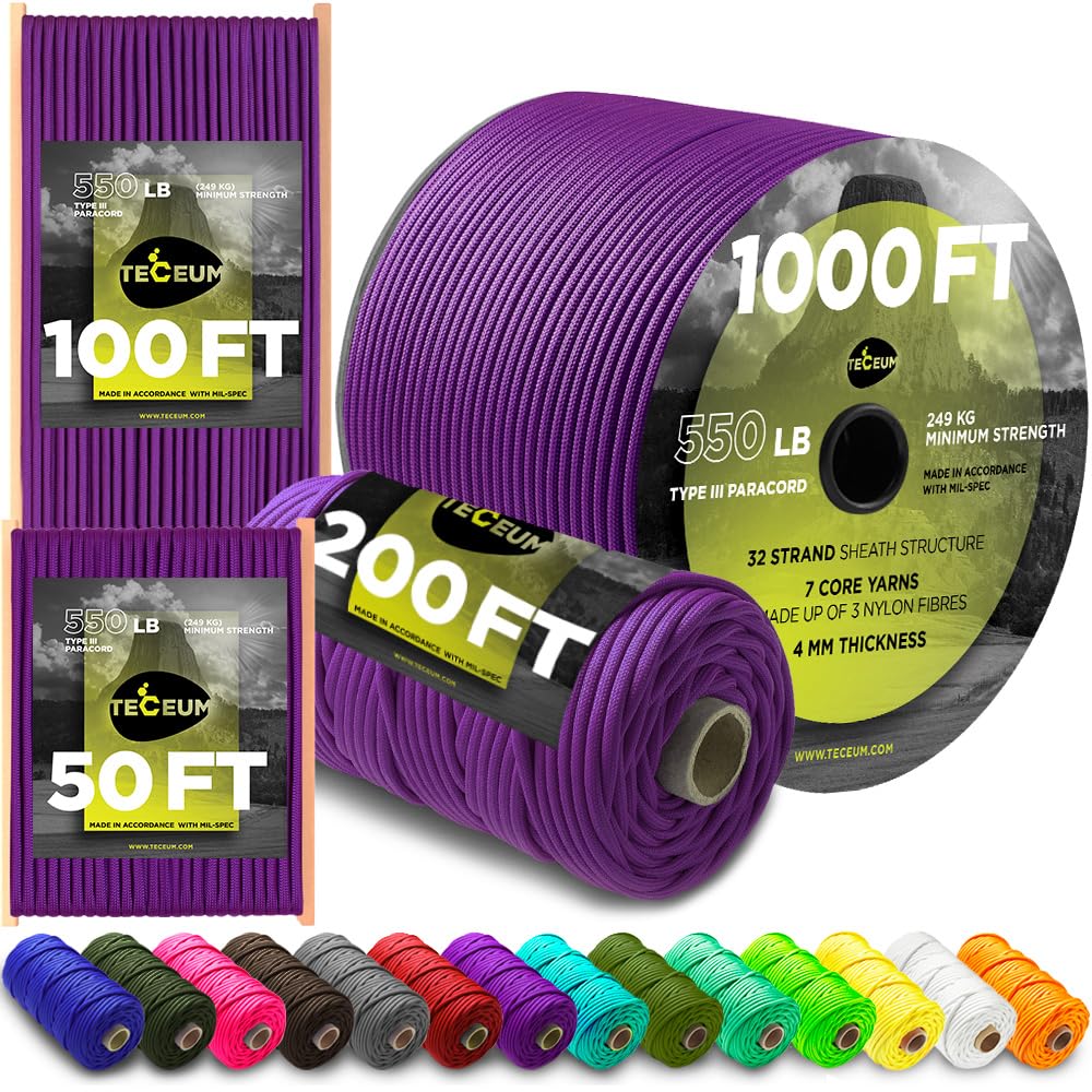 TECEUM 5/32" Paracord Rope 1000 – 1000ft / 200ft / 100ft / 50ft – Tactical Parachute Cord 4mm – 45+ Colors – Nylon String for Survival & Camping Gear – Stripe Cord for Survival – Utility Rope