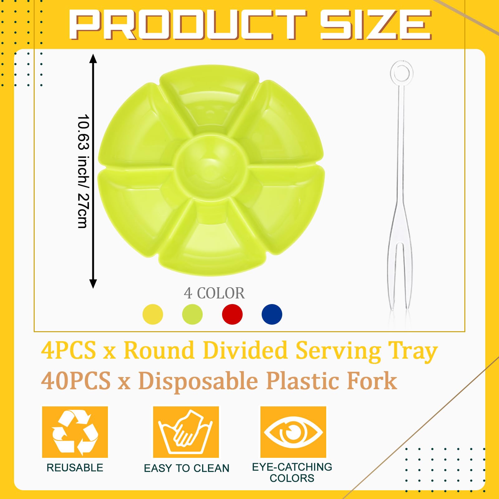 Zhehao 4 Pcs Sectional Round Plastic Serving Tray Platters Party Divided Tray with Disposable Fork, 10.6 Inch 7 Section Snack Platter Food Tray Nut Candy Veggie Fruit Dish Platter (Bright Color)