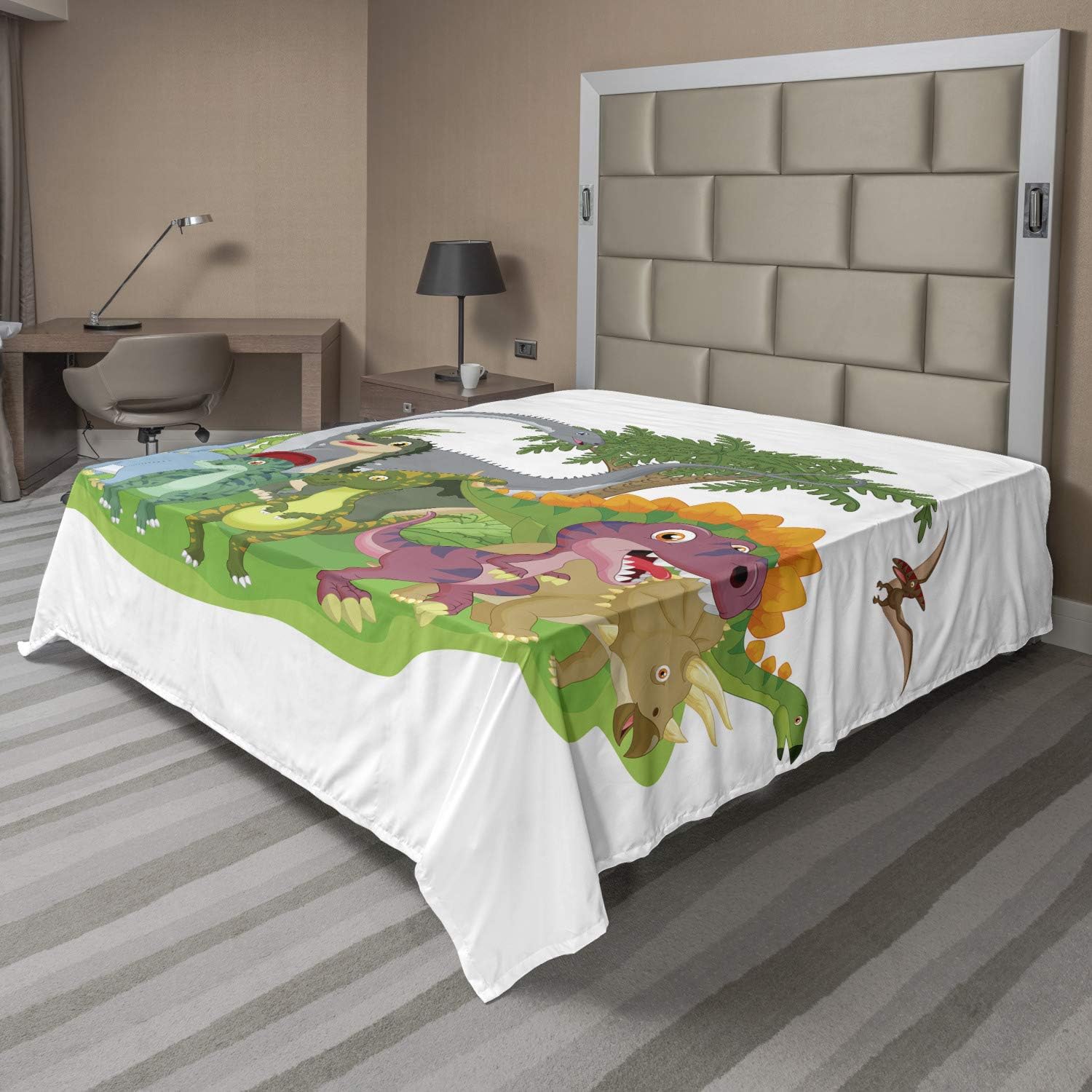 Ambesonne Jurassic Flat Sheet, Cartoon Group Dinosaur Friendship Humor Colorful Happy Smile Creative Jurassic Fun, Soft and Comfortable Top Sheet Decorative Bedding 1 Piece, Full Size, Multicolor