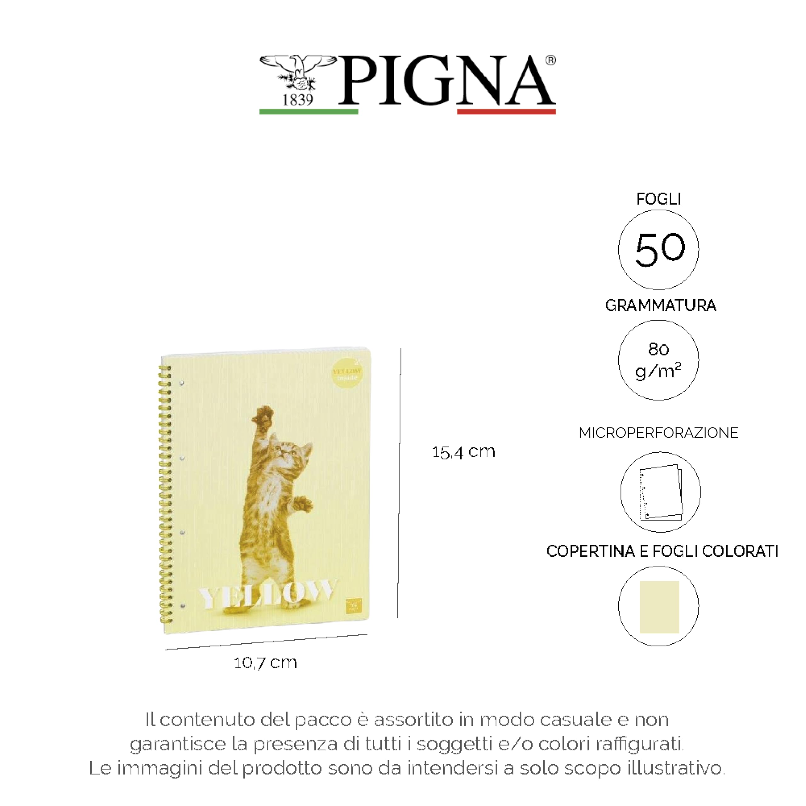 Pigna, Confezione 4 Quaderno Blocco Spiralato,carta colorata, COLOUR INSIDE, A6, 50 Fogli, interno 5M, quadretto 5mm