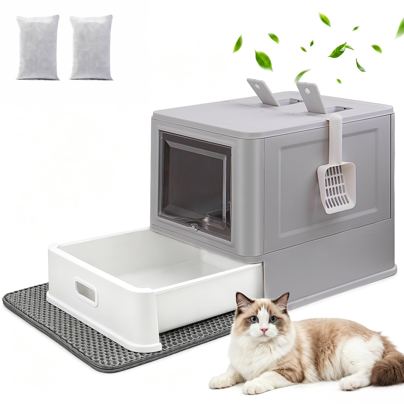 Caja de arena a prueba de fugas con tapa y 2 filtros de carbón activo contra olores | Arenero para gatos cerrado con cajón, incluye alfombrilla y pala, espaciosa
