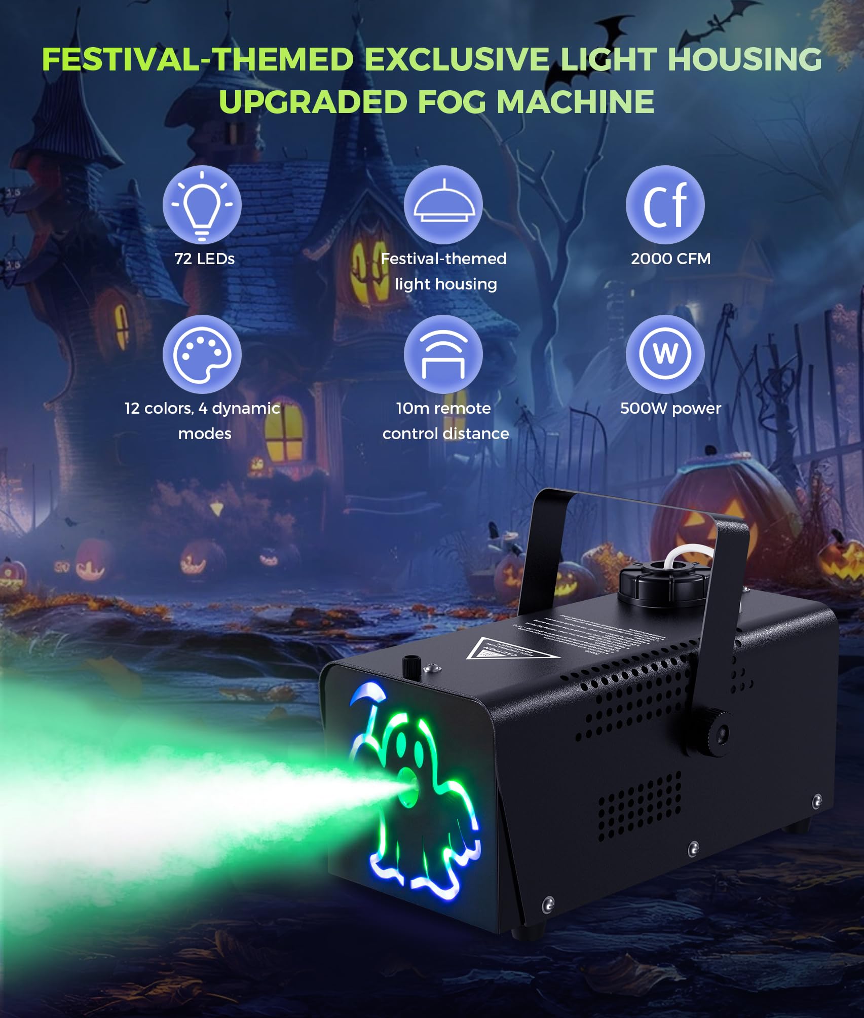 IMONE Fog Machine 500W 2000CFM 2 Spooky Themed Light Covers Smoke Machine with 72-LEDs with 12 Light Colors, Wireless Remote Controls, for Halloween, Wedding, Parties, DJ Stage, Indoor & Outdoor Use