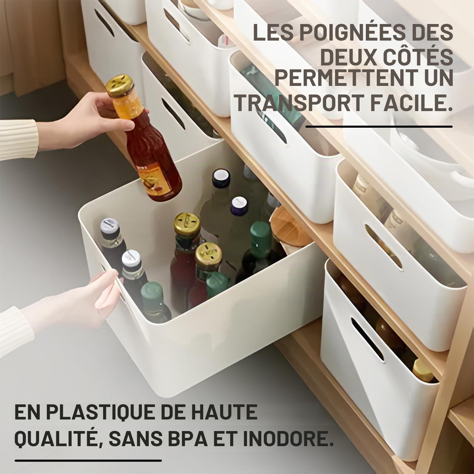 Lot de 4 boîtes de rangement en plastique de 23 l avec couvercle, 37 x 26 x 24 cm, boîtes de rangement empilables avec poignées, polyvalentes, blanches, pour salle de bain, cuisine, bureau