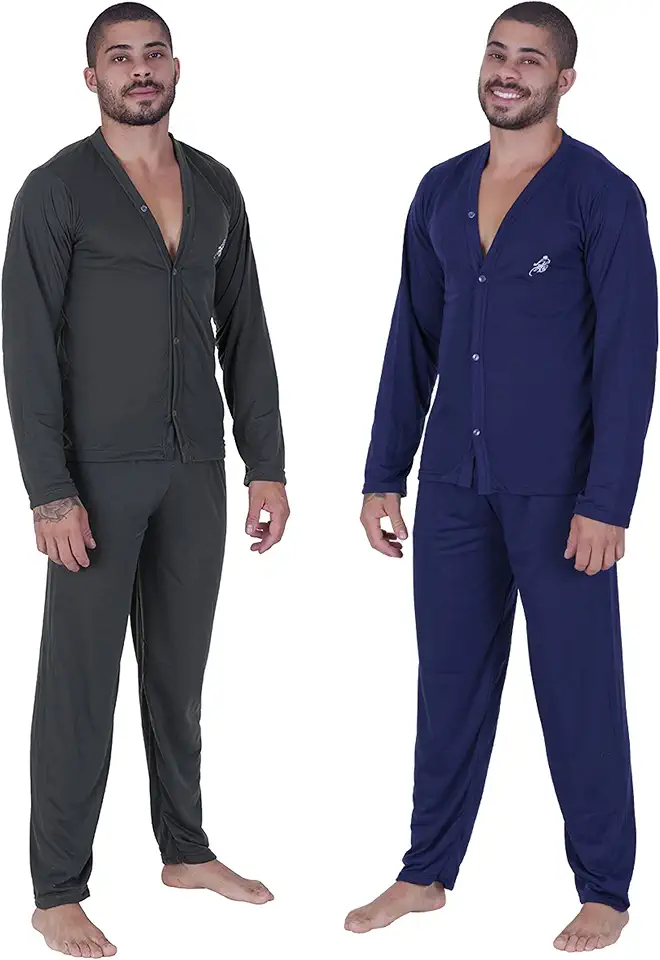 Kit com 2 pijamas manga longa masculino com botões ideal para pós cirúrgias inverno