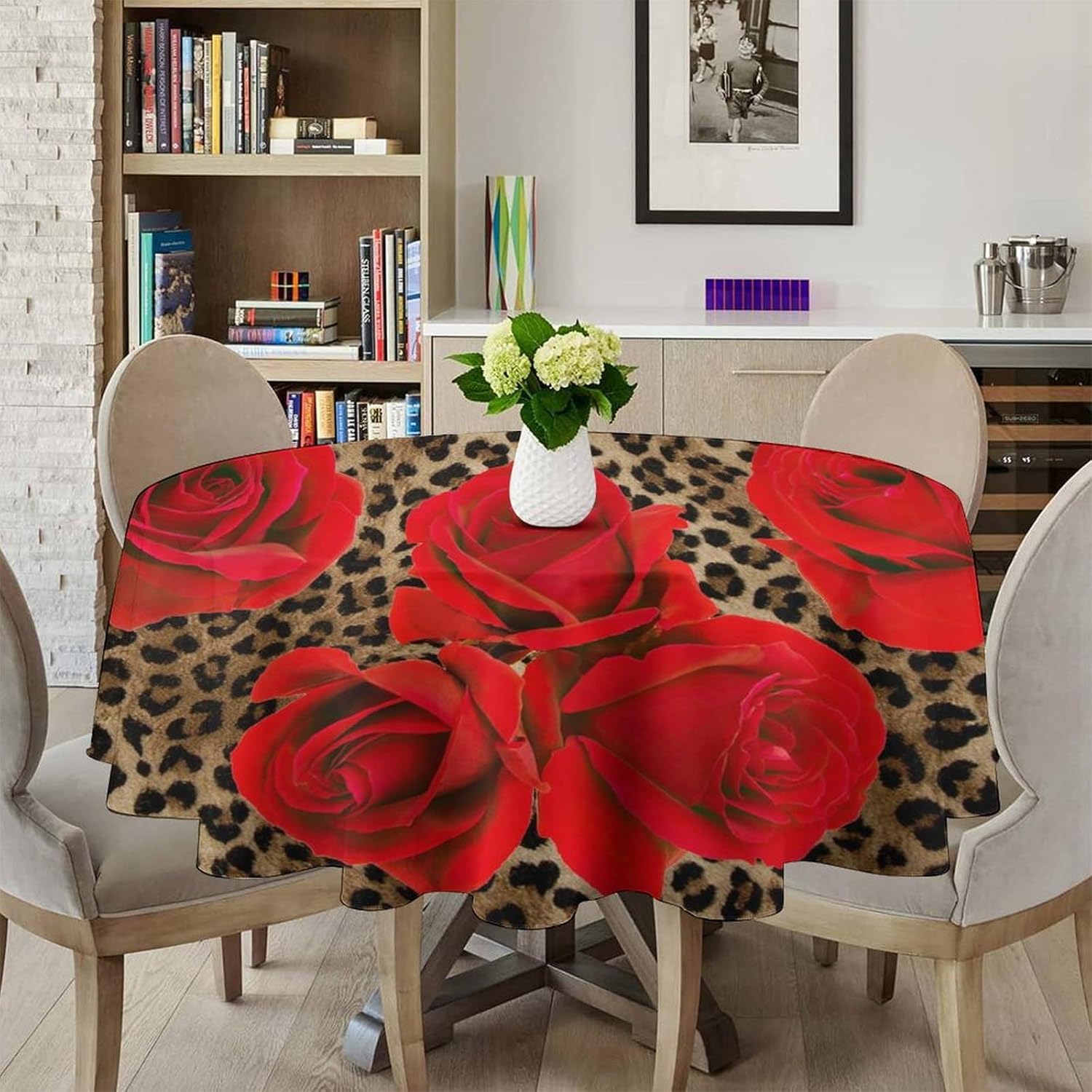 Leopard Flower Round Tablecloth, Red Rose Wild Animal Leopard Background Print Pattern Tablecloth for Home Party Dining Room Kitchen Decor 70Inch(178cm)