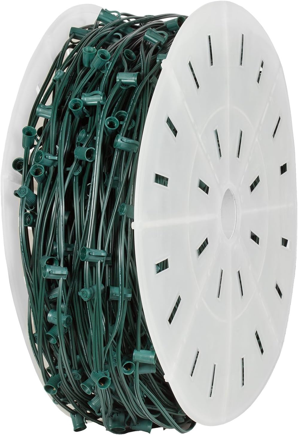Holiday Lighting Outlet C7 Christmas Stringer Bulk, Candelabra Base (E12), SPT-1 7 Amp wiring, 1000' Reel (Green, 12" Spacing)