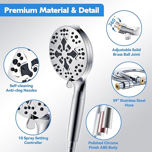 Miniatura 4 de Cabezal de ducha filtrado, 10 modos, cabezales de ducha grandes de alta presión de 5.5 pulgadas con manguera de acero inoxidable de 59 pulgadas,