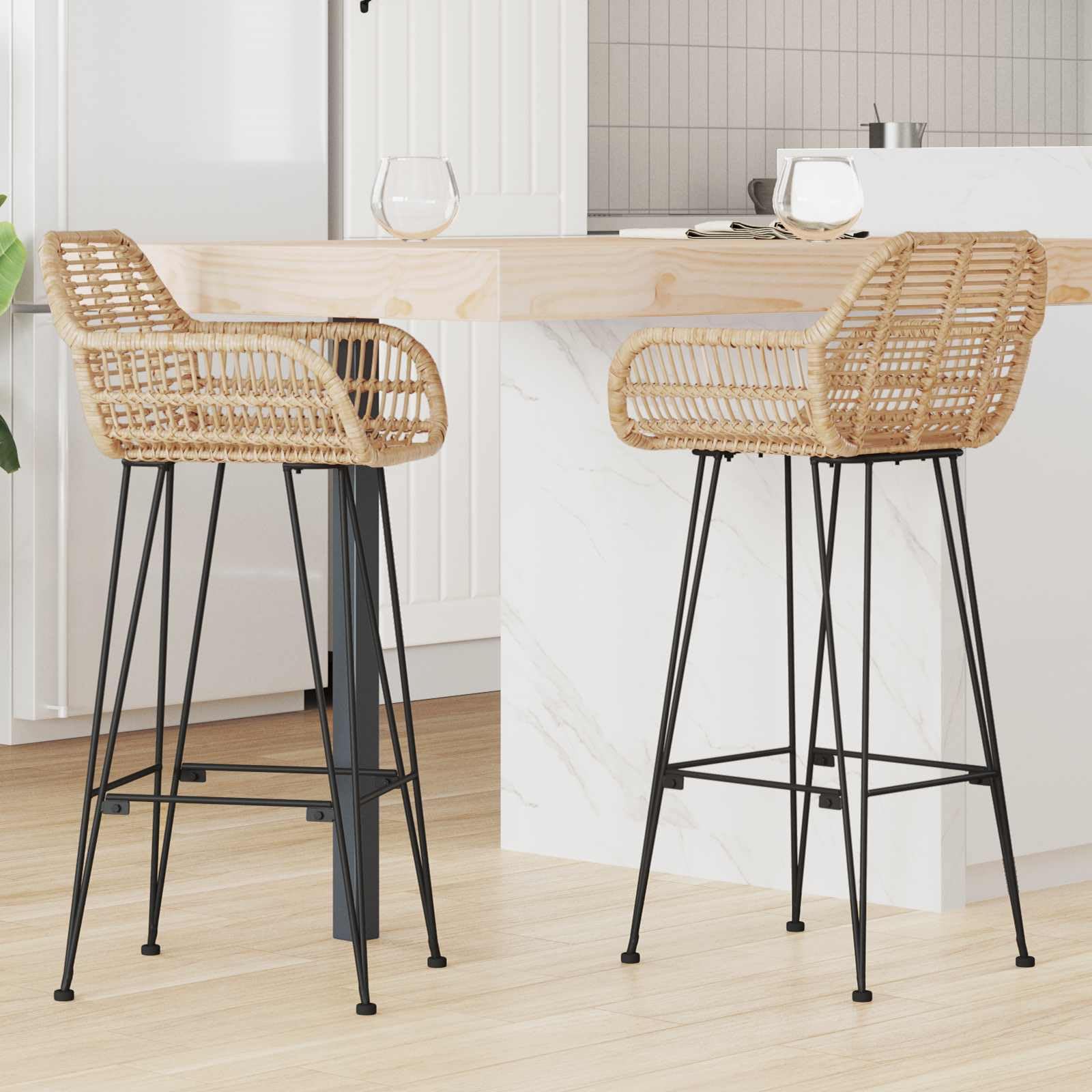 Lot de 2 chaises de bar en rotin et fer naturel 55 x 52 x 105 cm