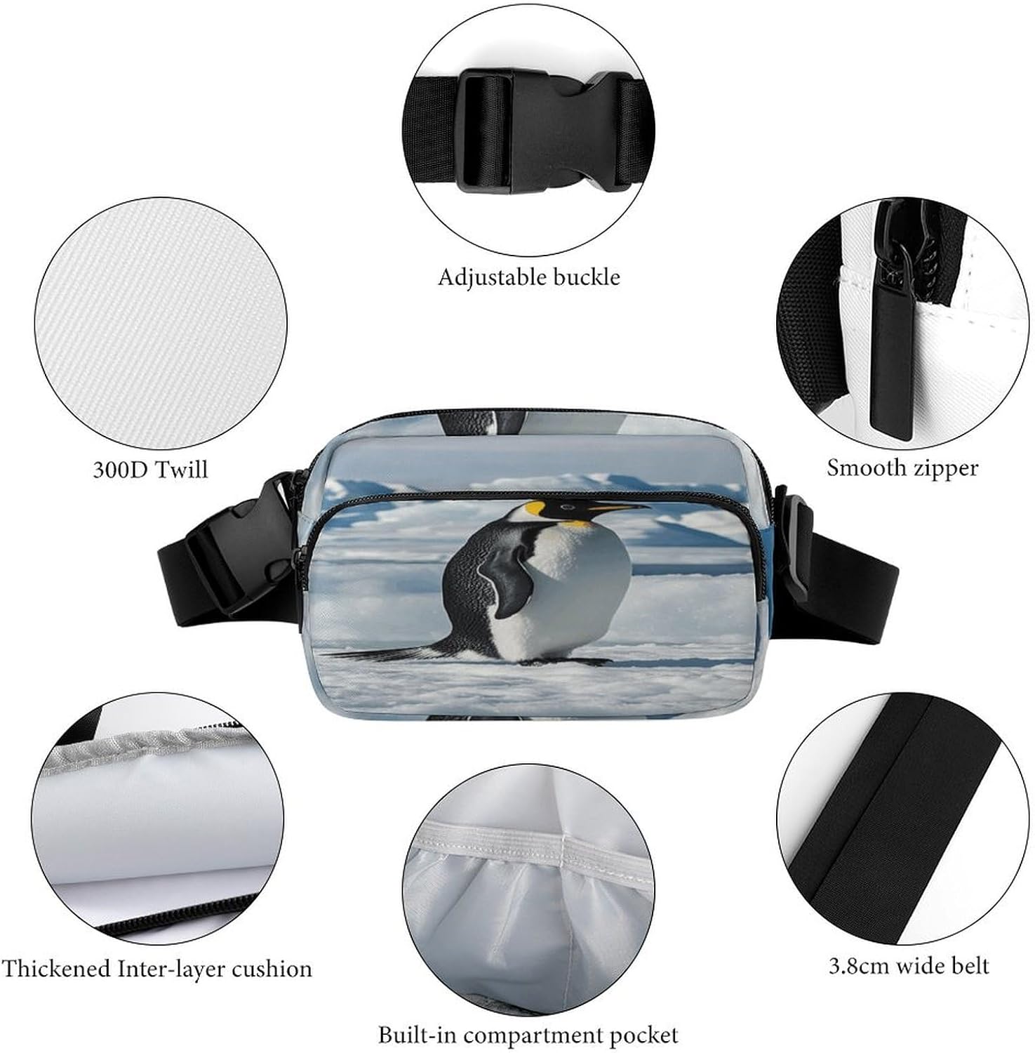 Penguin Antarctica Ice Fanny Pack Belt Bag with Adjustable Strap Fashion Waist Bag for Outdoor Sports Hiking