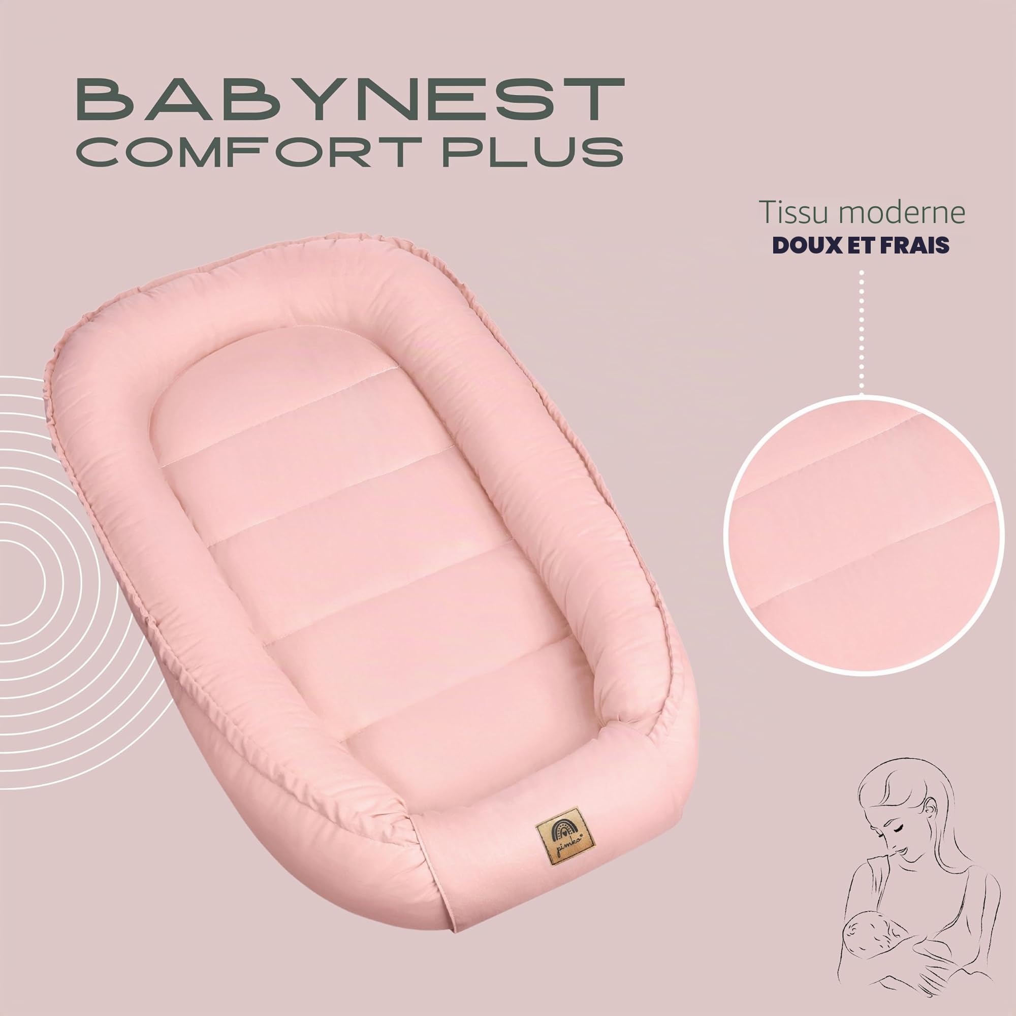 PIMKO Nid d'ange pour bébé - Nid douillet 2 côtés - Pour nourrissons et nouveau-nés - 100 % coton - Convient pour la maison - 55 x 90 cm (rose avec rabat)
