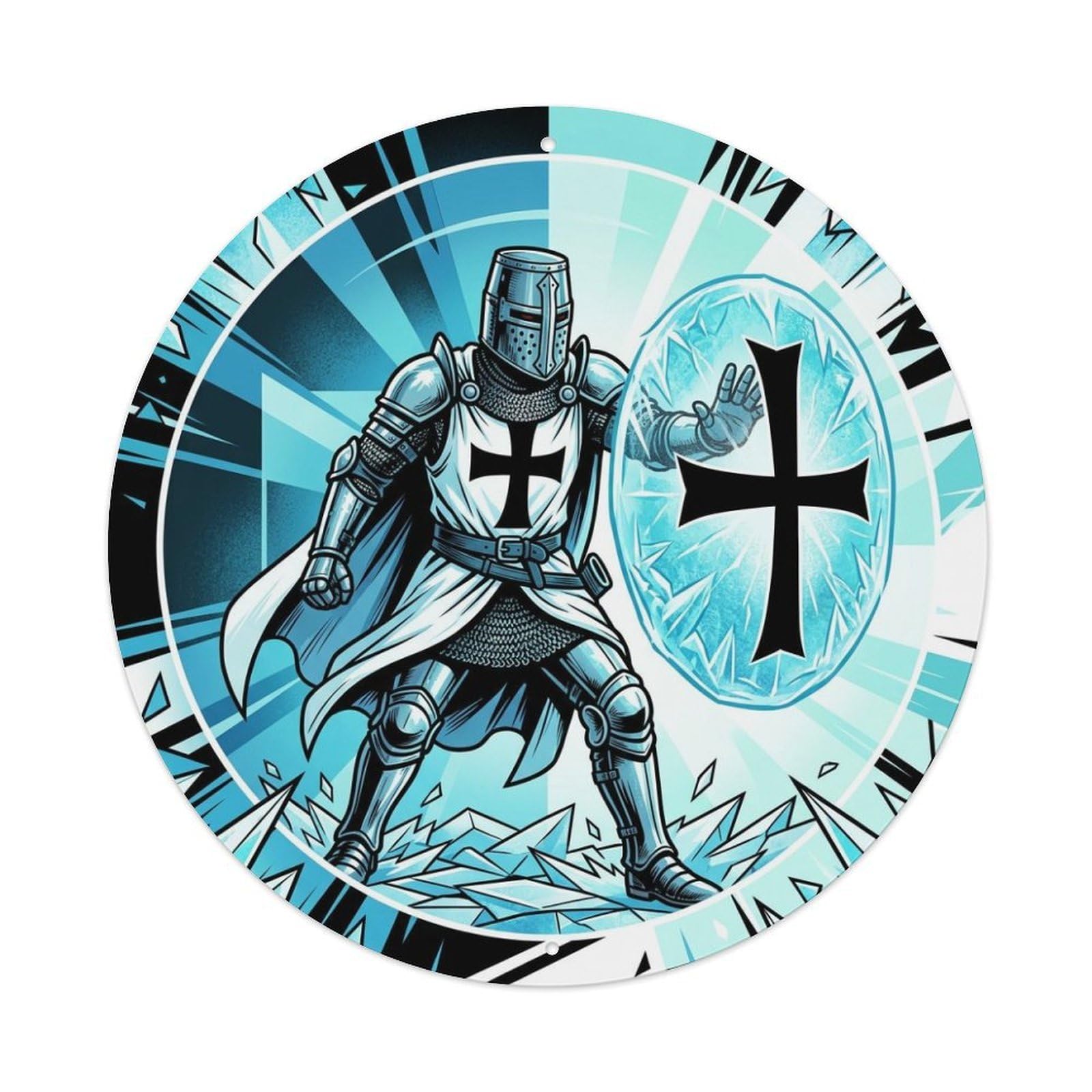 Sacred Frost Shield Medieval Anime Teutonic Knight Paladin Metal Tin Sign Plaque Wall Decor for Cafe, Man Cave, Club Bar, Office, Home Garden Round Metal Poster 8x8Inch