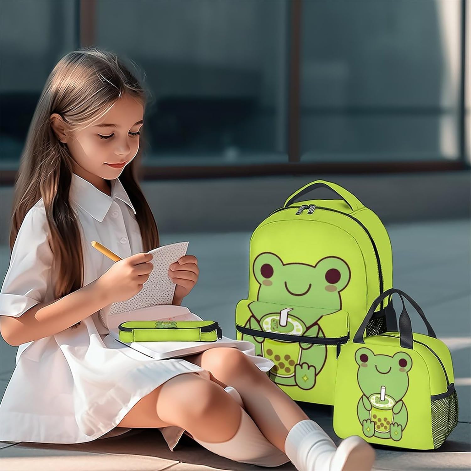 Frog Backpack with Lunch Box and Pencil Case, 16 Inch Frog Theme Bookbag with Adjustable Straps, Durable, Lightweight, Large Capacity, School Backpack for Girls Women