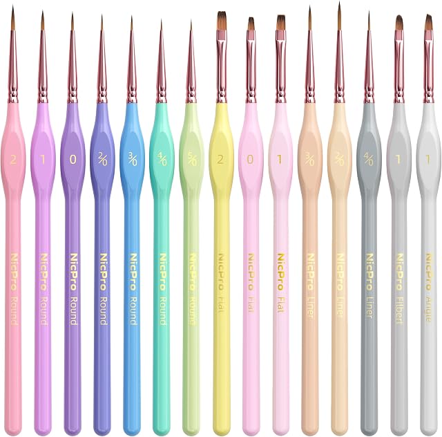 Nicpro 15PCS Micro Fine Detail Set de pinceaux de peinture, pastel de macaron Petite Miniature Fine Tip Detail Kit de brosses pour l'huile acrylique Aquarelle, Artisanat, Modèles, Miniatures, Peinture Rock, Peinture par Nombres