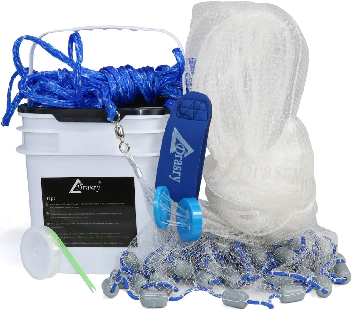 Drasry Saltwater Fishing Cast Net 3/8 and 1/4 Mesh with Heavy Duty Gray Sinker American Monofilament Fish Throw Net for Bait Trap 3FT 4FT 5FT 6FT 7FT 8FT 9FT Radius