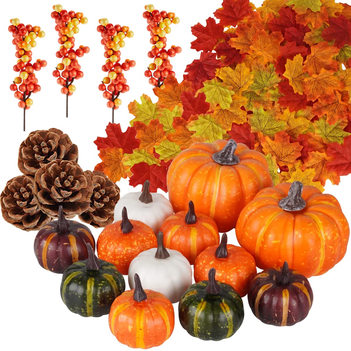 Wleozys Assorted 120Pcs Artificial Pumpkins Set, Autumn Decoration Set，Autumn Harvest Fake Pumpkins Pine Cones Maple Leaves Orange Berry Set For Fall Thanksgiving,Wedding,Halloween,Christmas.