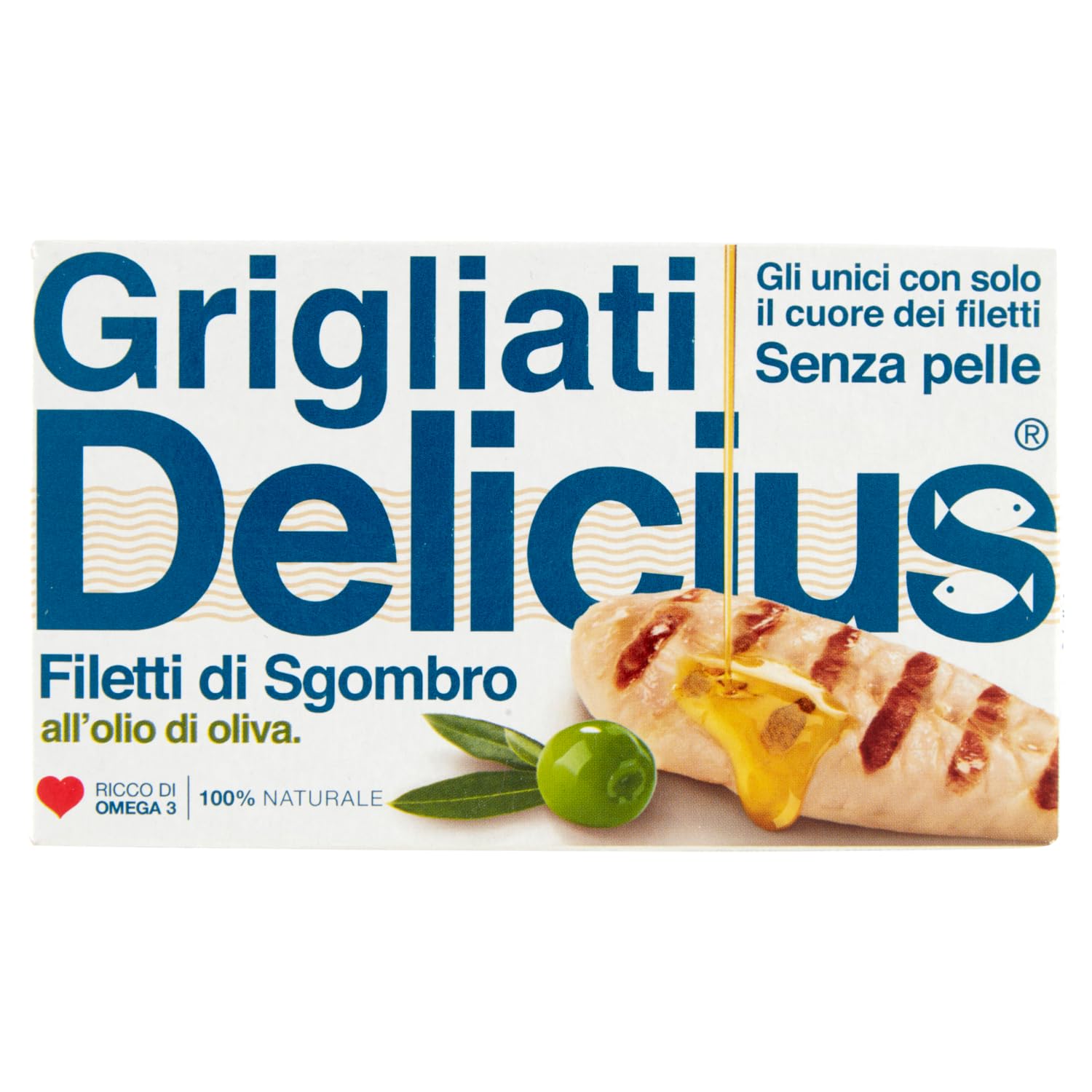 Delicius Scatola Filetti di Sgombro Grigliato o/oliva 90g, Lavorati a Mano, Pesce Azzurro, Ricco di Omega 3