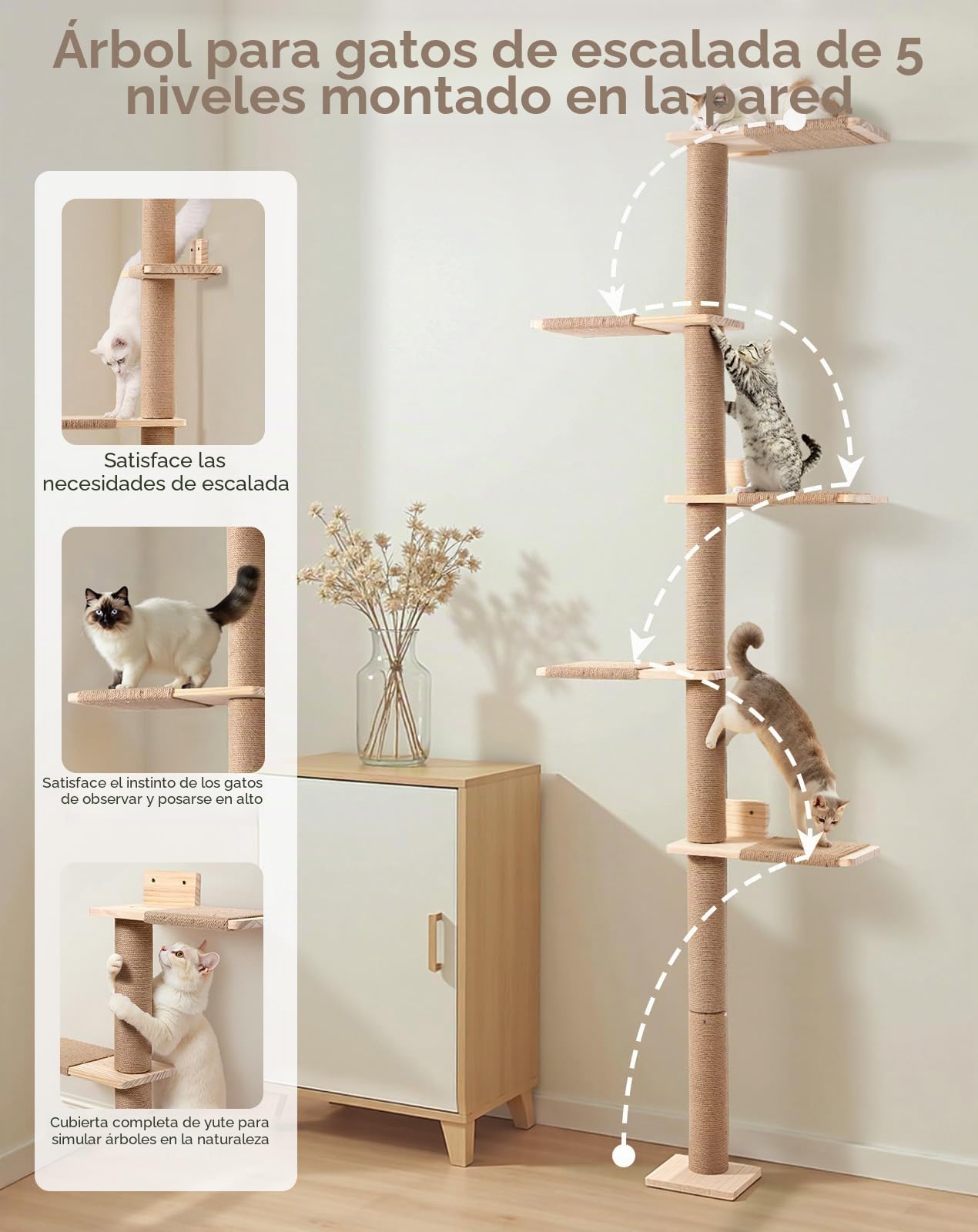 PawGiant Rascador de Pared para Gatos de 5 Niveles (213 cm), Árbol Torre de Escalada de Madera con Postes de Sisal y Plataformas, Mueble Vertical Ahorro de Espacio para Gatos Pequeños y Medianos
