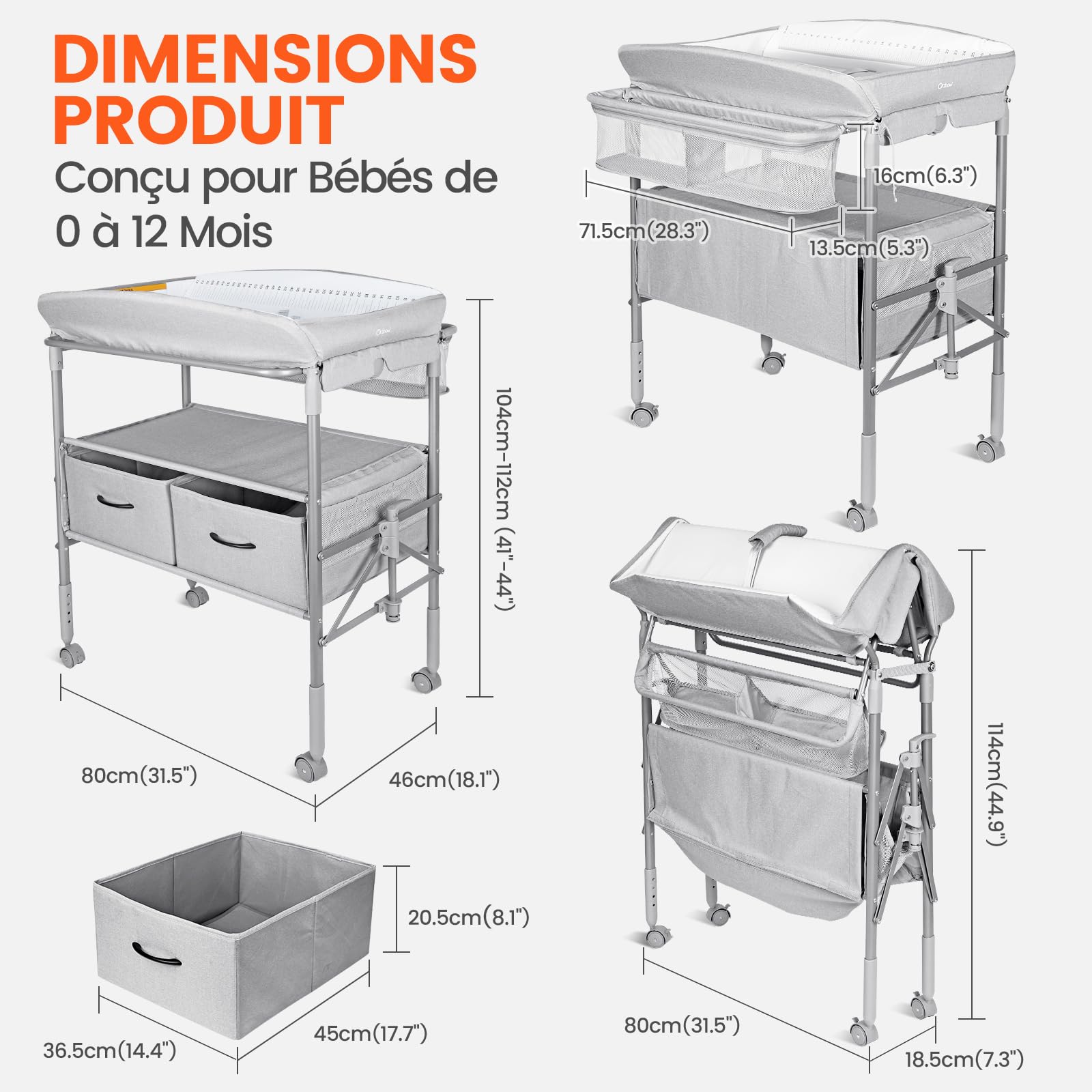 Table a Langer Bebe avec Tiroir et Veilleuse, Table à Langer Pliable à Hauteur Réglable avec Sangle de Sécurité, Espace de Stockage Extra Large, Mobile Commode a Langer Bebe, Gris