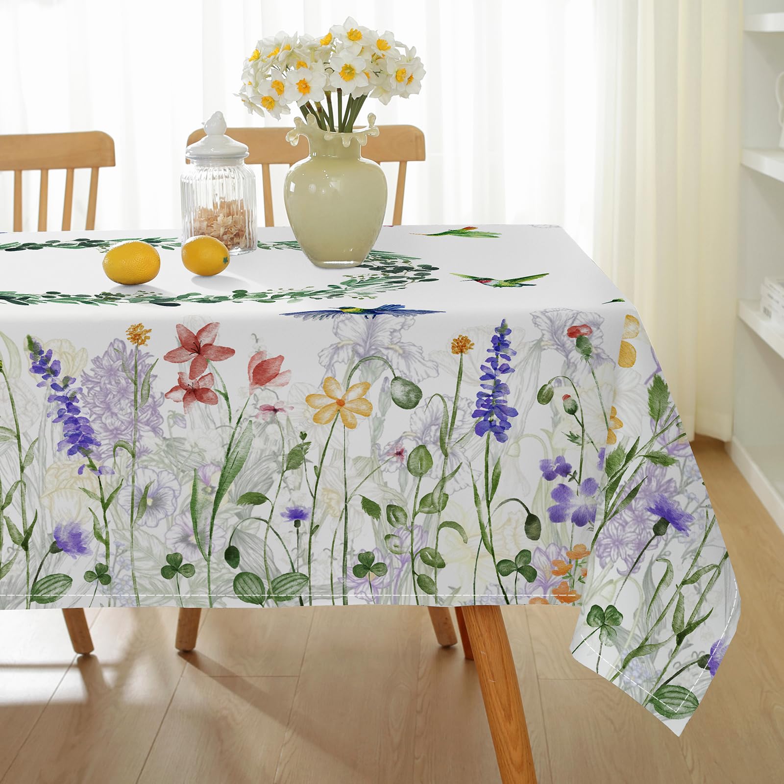 SASTYBALE Spring Summer Tablecloth, 52" x 70" Rectangular Watercolor Wild Flower Birds Plants Decorative Table Cloth Washable Water Resistant Table