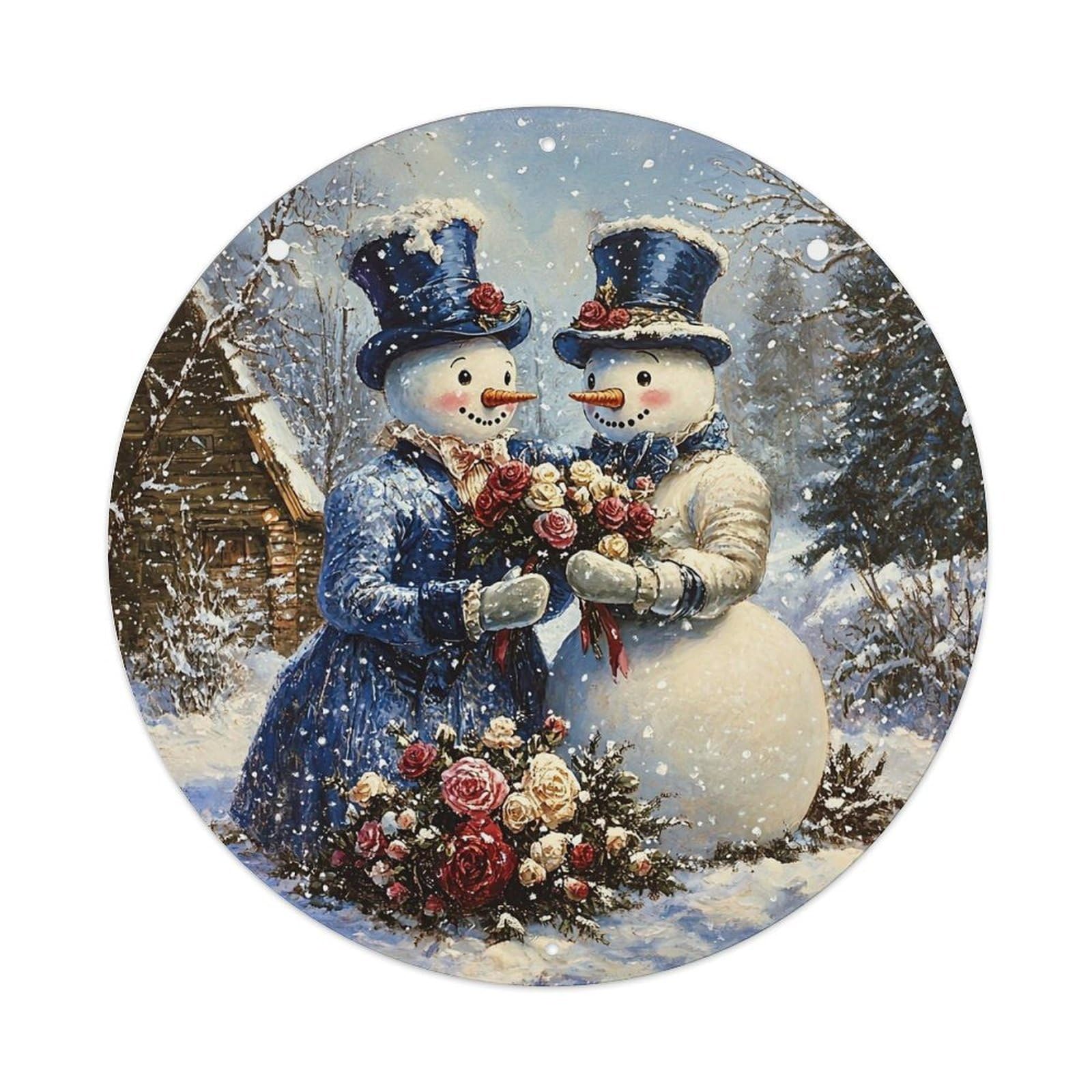 Snowman Couple Holding Roses Tin Sign Metal Poster Vintage Metal Signs for Home Man Cave Bar Cafe Kitchen laundry room Wall Decorations 8x8 inches
